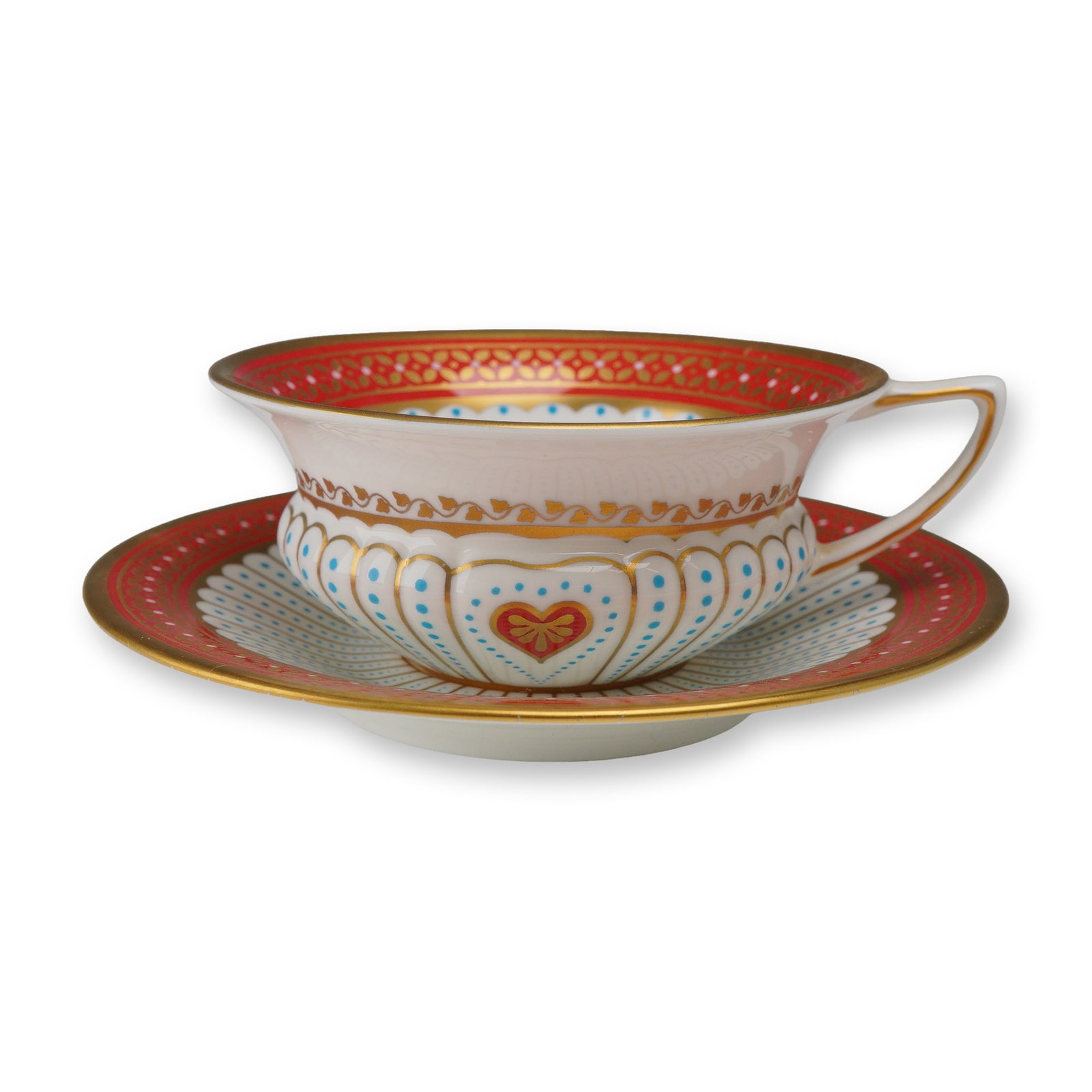 Wedgwood Bone China Teacup and Saucer, Queen of Hearts: A Wedgwood fine bone china teacup and saucer set in the Queen of Hearts pattern, produced as part of the Harlequin and Rubin Collections. The set comprises a flared teacup with a lobed, footed body an