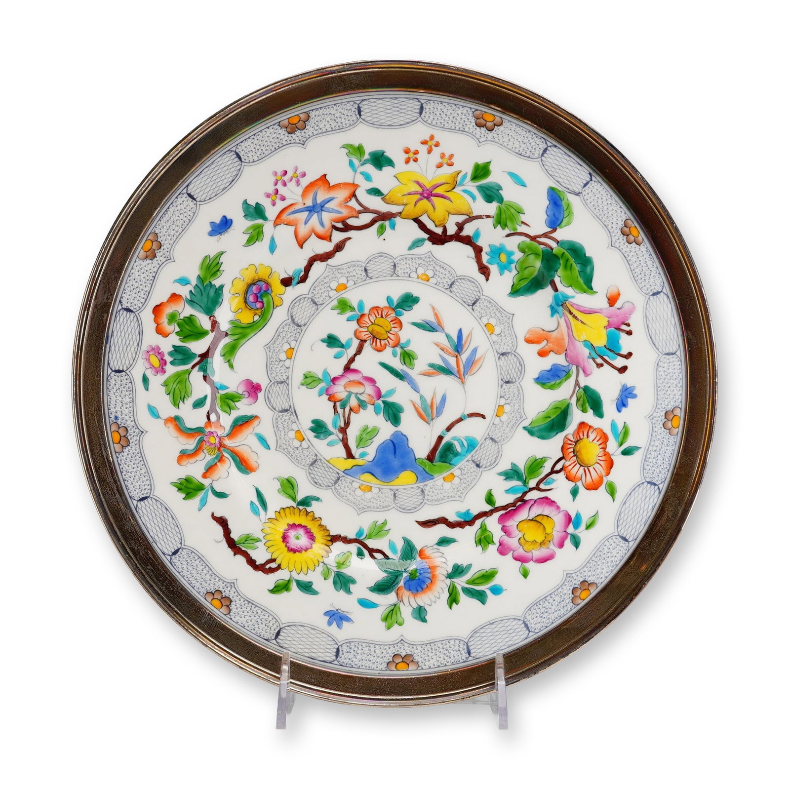 Wedgwood Bone China Charger with Silver Tone Rim and Polychrome Eastern Floral Motif (1 of 4)