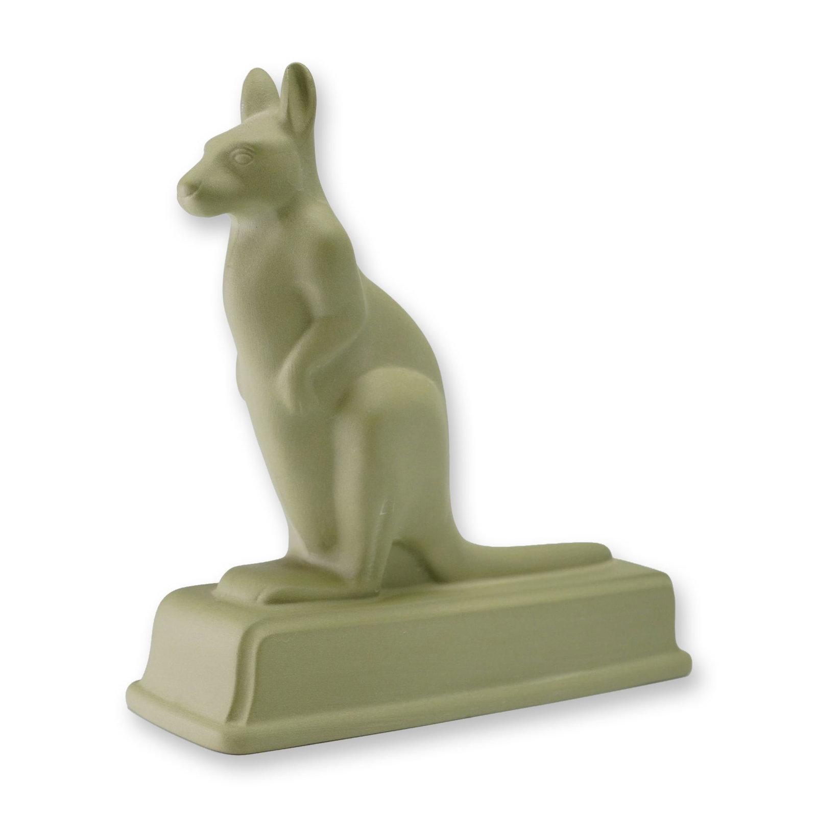 Wedgwood Barlaston Collection Green Kangaroo Figurine after John Skeaping: This ceramic figurine depicts a stylized kangaroo standing on a rectangular plinth base, produced by Wedgwood as part of The Barlaston Collection. The design is attributed to artist John Rattenbury Sk