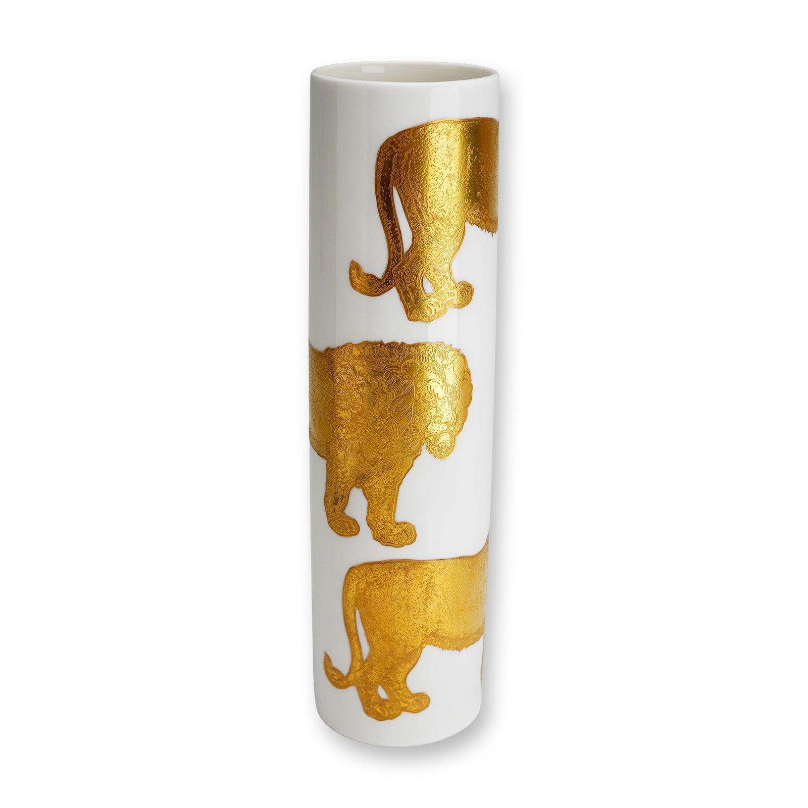 Wedgwood Gilded Lion Bone China Cylindrical Vase: A tall cylindrical vase made of fine bone china by Wedgwood. The exterior features a modern decorative scheme consisting of three stylized lions in profile, applied in a textured gold gilding against 