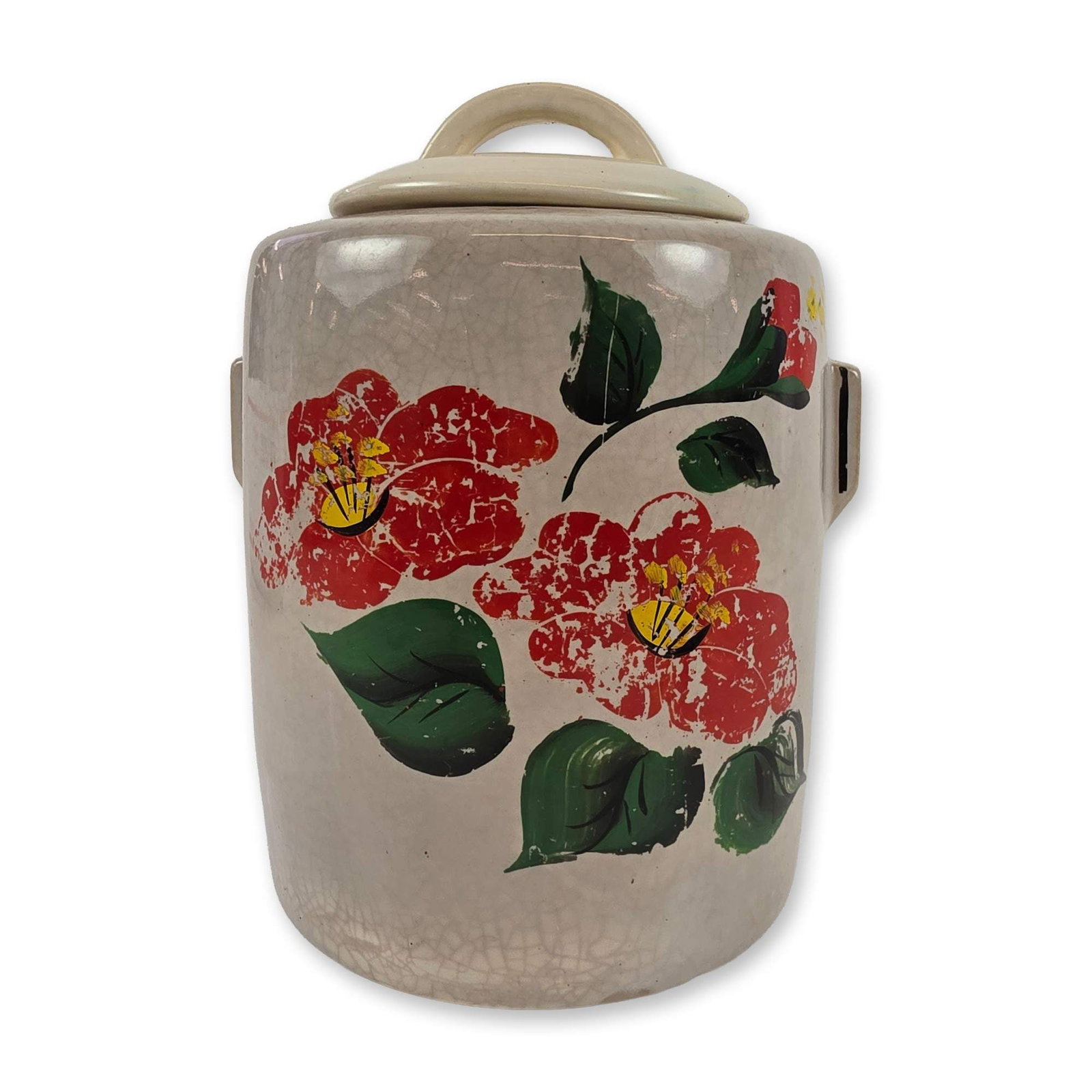 McCoy Pottery Hibiscus Floral Cookie Jar: Lidded cookie jar in glazed ivory earthenware, decorated in the Hibiscus pattern. The hand-painted motif features large red blossoms with yellow centers and green foliage with visible brushwork. The c