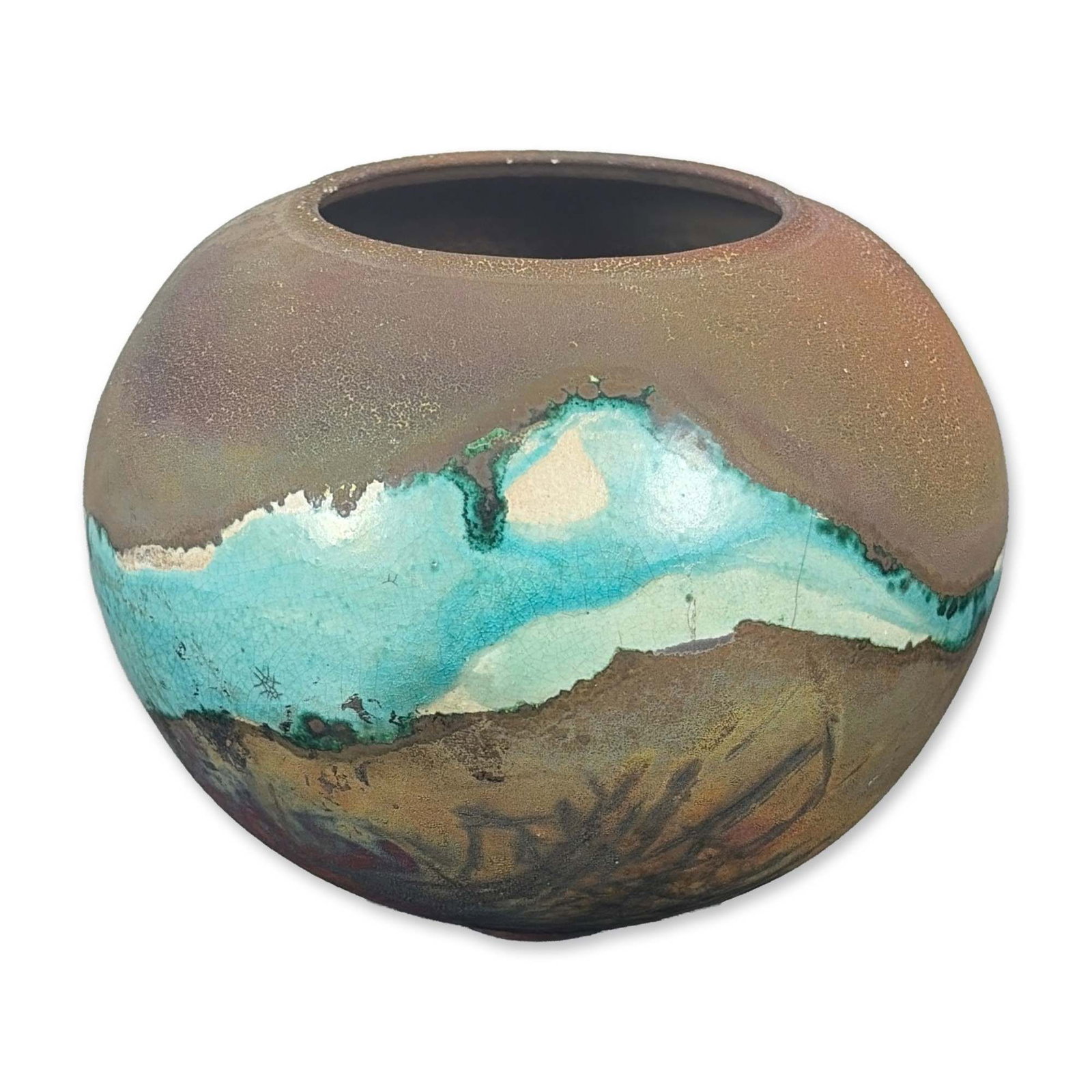 Stoneware Spherical Raku Vase: Late 20th century studio stoneware spherical globe vase. The hand-thrown body features a prominent thick band of pooling turquoise-blue and copper-green crawl glaze with Raku fired surface with