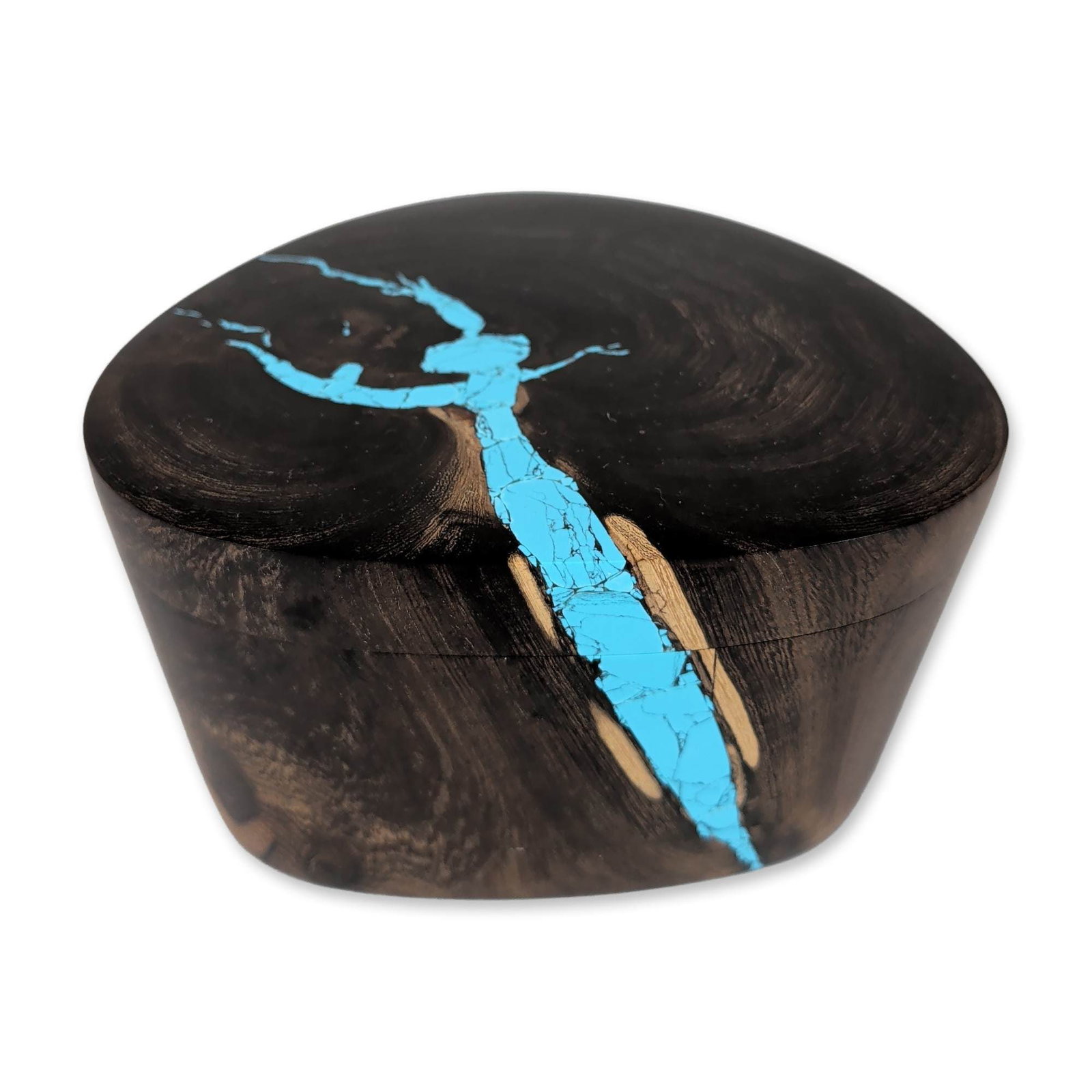 Larry Favorite Contemporary Hardwood and Turquoise Inlay Lidded Box: Contemporary studio-turned lidded box in a dark, figured hardwood. The vessel features a turquoise-colored mineral or epoxy resin inlay filling natural voids and fissures across the body and lid.