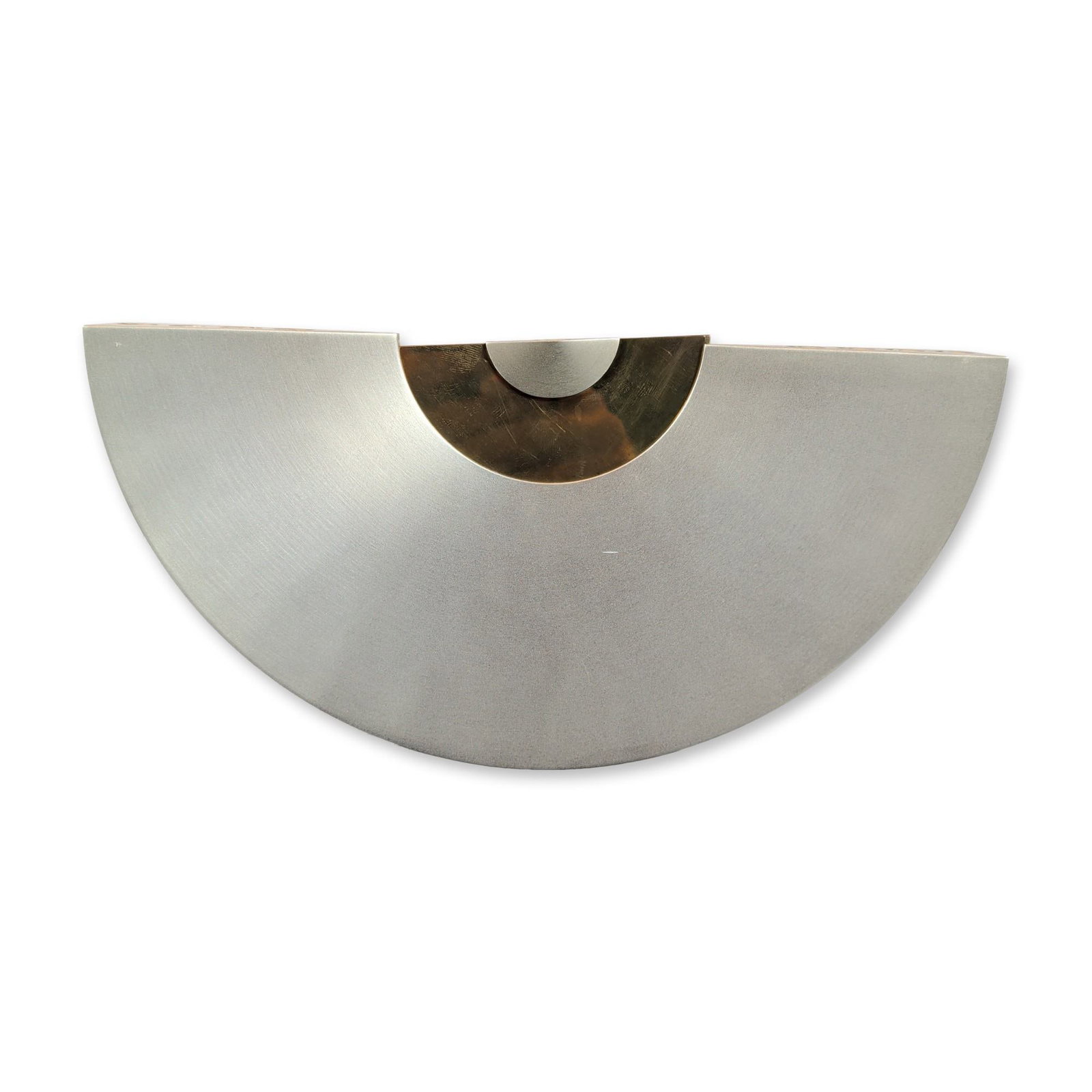 Shenfeld Israeli Modernist Kinetic Aluminum Menorah: Modernist Israeli kinetic menorah by Shenfeld. The semi-circular half-disc form is crafted in brushed aluminum with a polished brass inner crescent, designed to rock on its curved edge. The flat