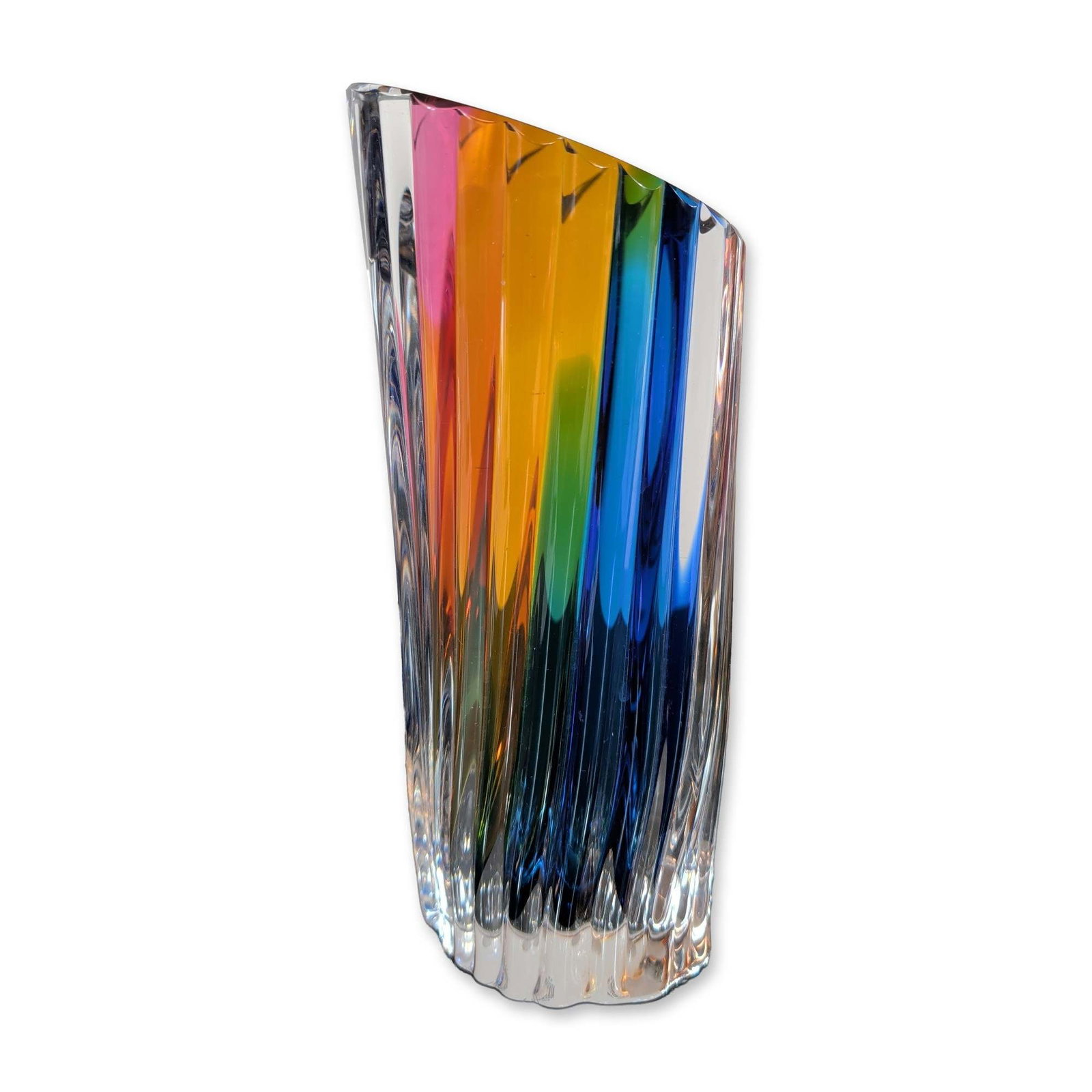 Goran Warff for Kosta Boda Swedish Rainbow Art Glass Vase: Kosta Boda art glass vase designed by Goran Warff, featuring a fluted clear lead crystal body with encased horizontal polychrome color bands. The interior displays a gradient of blue, emerald green,