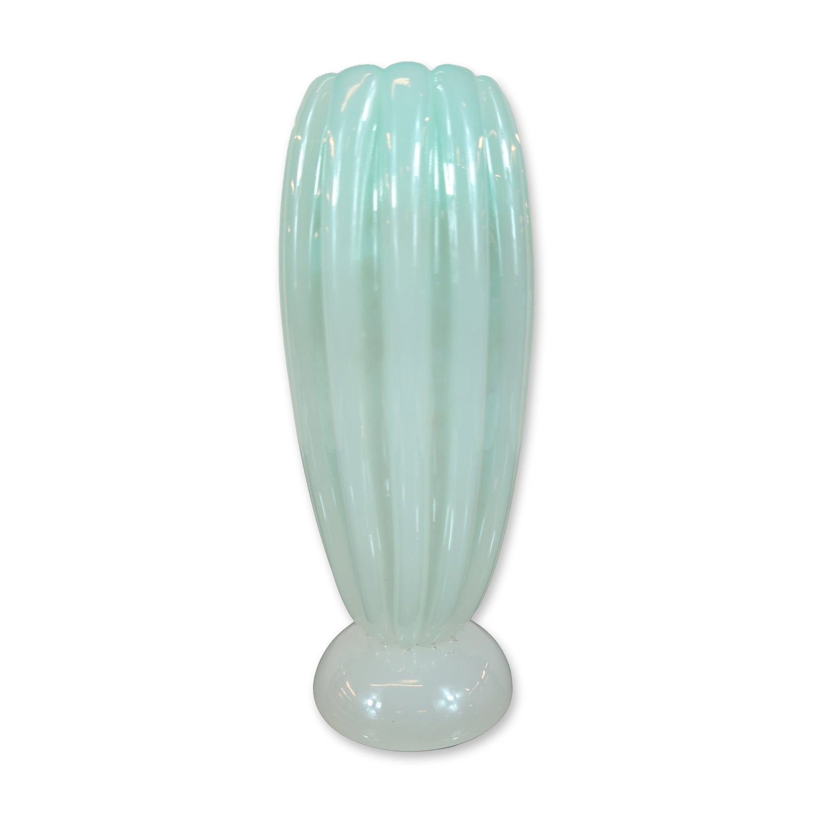 Italian Murano Ribbed Aqua Glass Vase: Italian Murano hand-blown glass object in a mid-century modern aesthetic. Elongated bulbous body with vertical costolato ribbing in translucent pale aqua glass, joined to an opaque white glass disk
