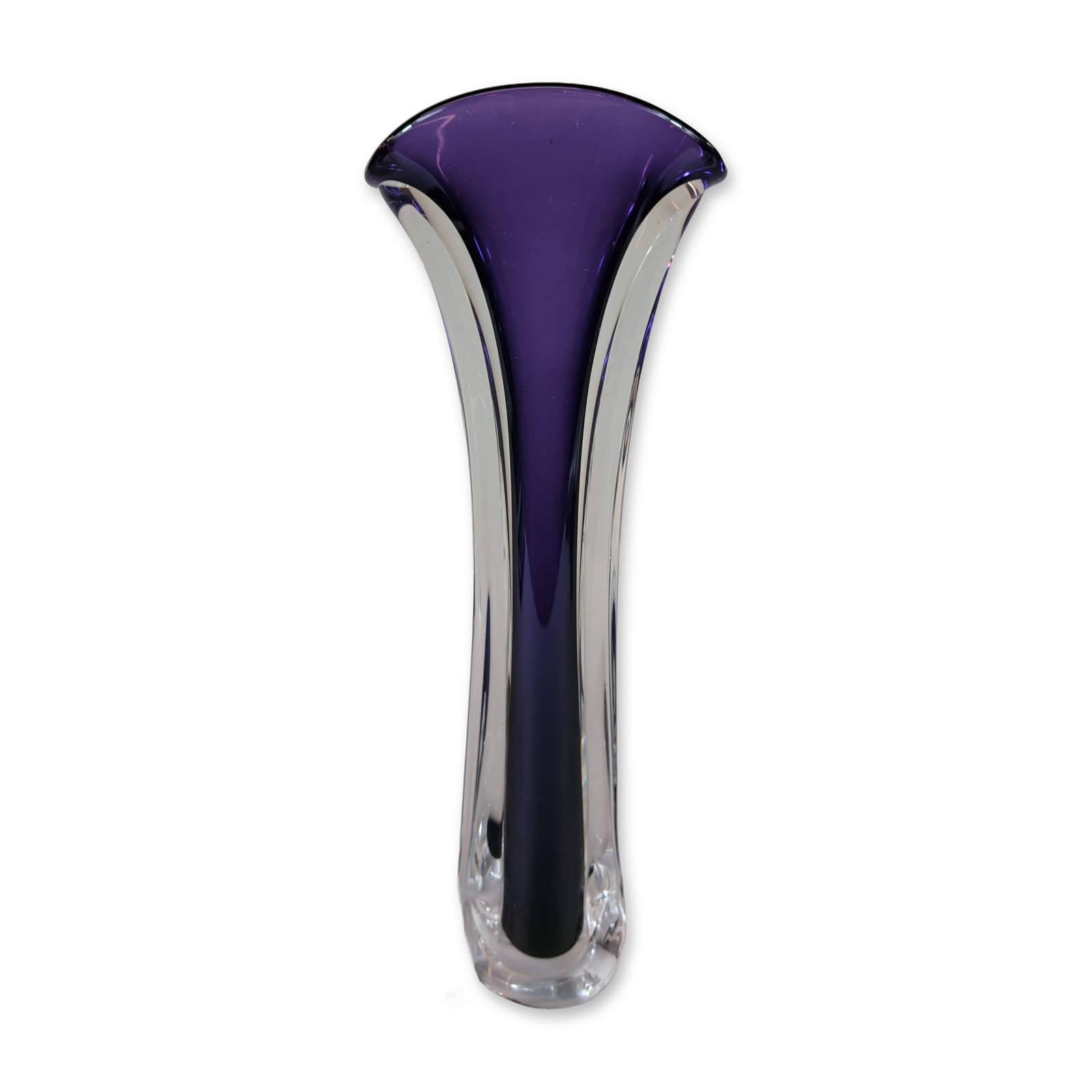 Matthew Buechner Art Glass Signed Tulip Vase: Deep amethyst purple interior core encased within a thick layer of clear glass by Matthew Buechner. The vase has a slender, tapering form that flares into a wide trumpet-style rim, supported by a