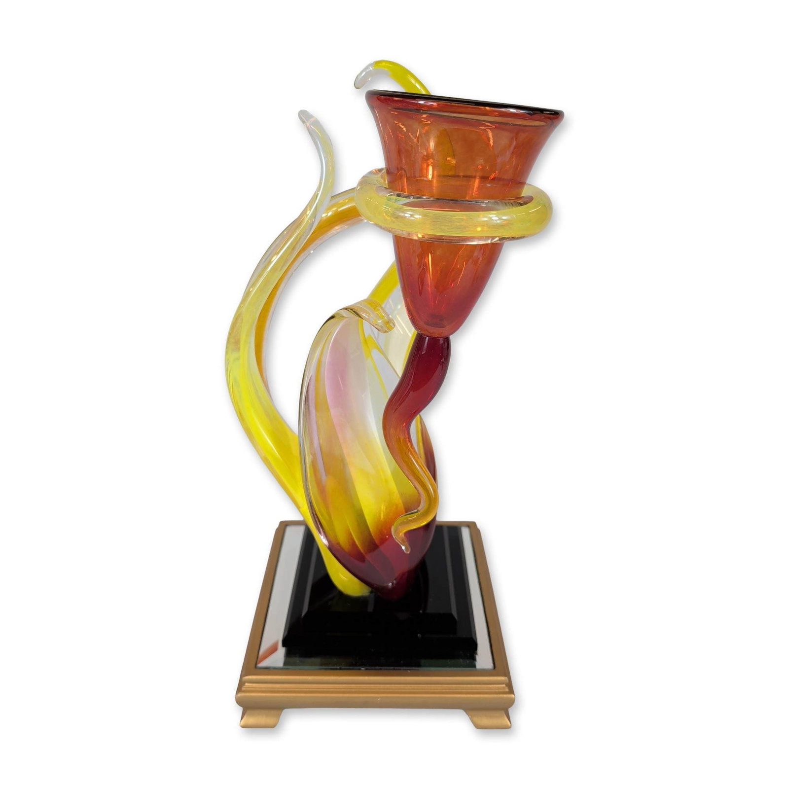 Randy Strong Studio Art Glass Sculpture Vase: Contemporary art glass sculpture comprising multiple hand-blown glass elements in vibrant shades of red, amber, and yellow. The dynamic composition features flame-like forms surrounding a central deta