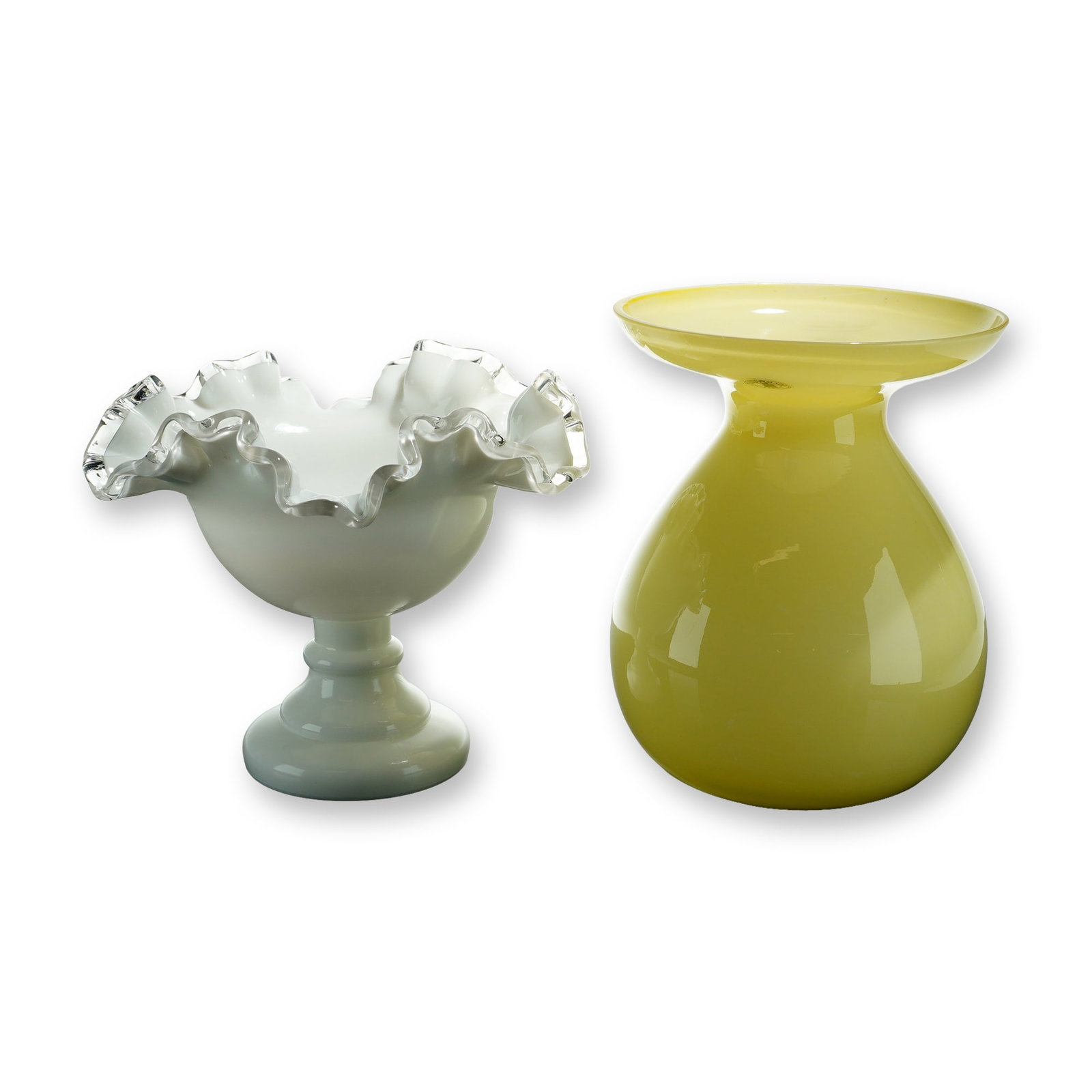 2pc IKEA PS and Fenton Style Glass Vases: Decorative glass collection comprising an IKEA PS series art glass vase designed by Barbro Wesslander and Pia Amsell. The vase is crafted in opaque chartreuse yellow glass with a bulbous pear-shaped b