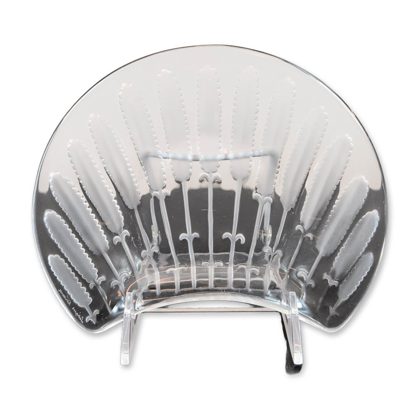 Lalique France Jaffa Pattern Crystal Crescent Bowl: Lalique, France. Jaffa pattern crescent-shaped salad or side bowl in lead crystal, featuring a frosted radial design of stylized serrated fronds terminating in fleur-de-lis motifs against a clear poli