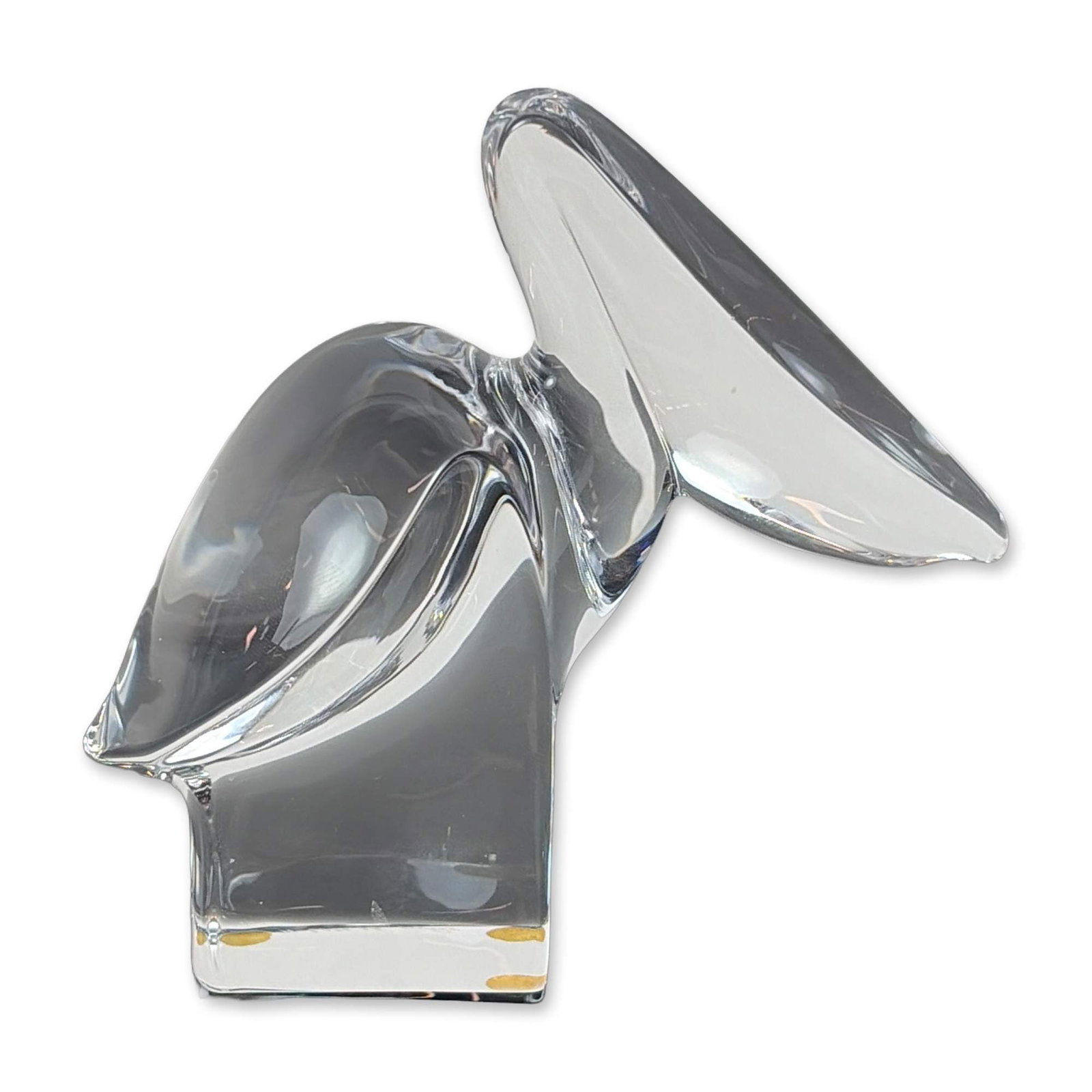 Orrefors Signed Modernist Crystal Pelican Figurine: Modernist bird form bowl in solid clear glass crystal, featuring a stylized pelican silhouette. The piece exhibits fluid, organic lines characteristic of late 20th-century studio glass. Base is incise