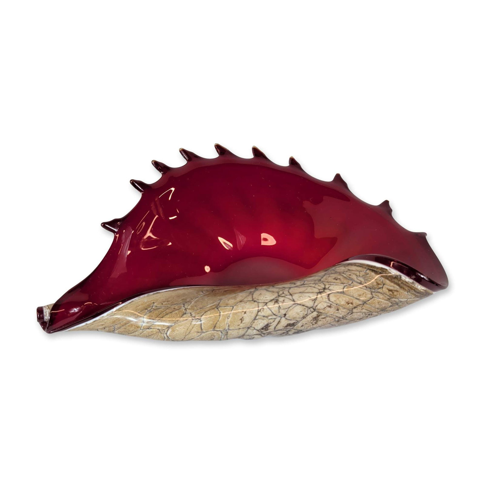 Artist Signed Contemporary Art Glass Shell Sculpture: Contemporary art glass sculpture, featuring a stylized shell or seaform shape. The piece is designed with a deep ruby red interior cased in a textured tan and dark brown marbleized crackle exterior. T