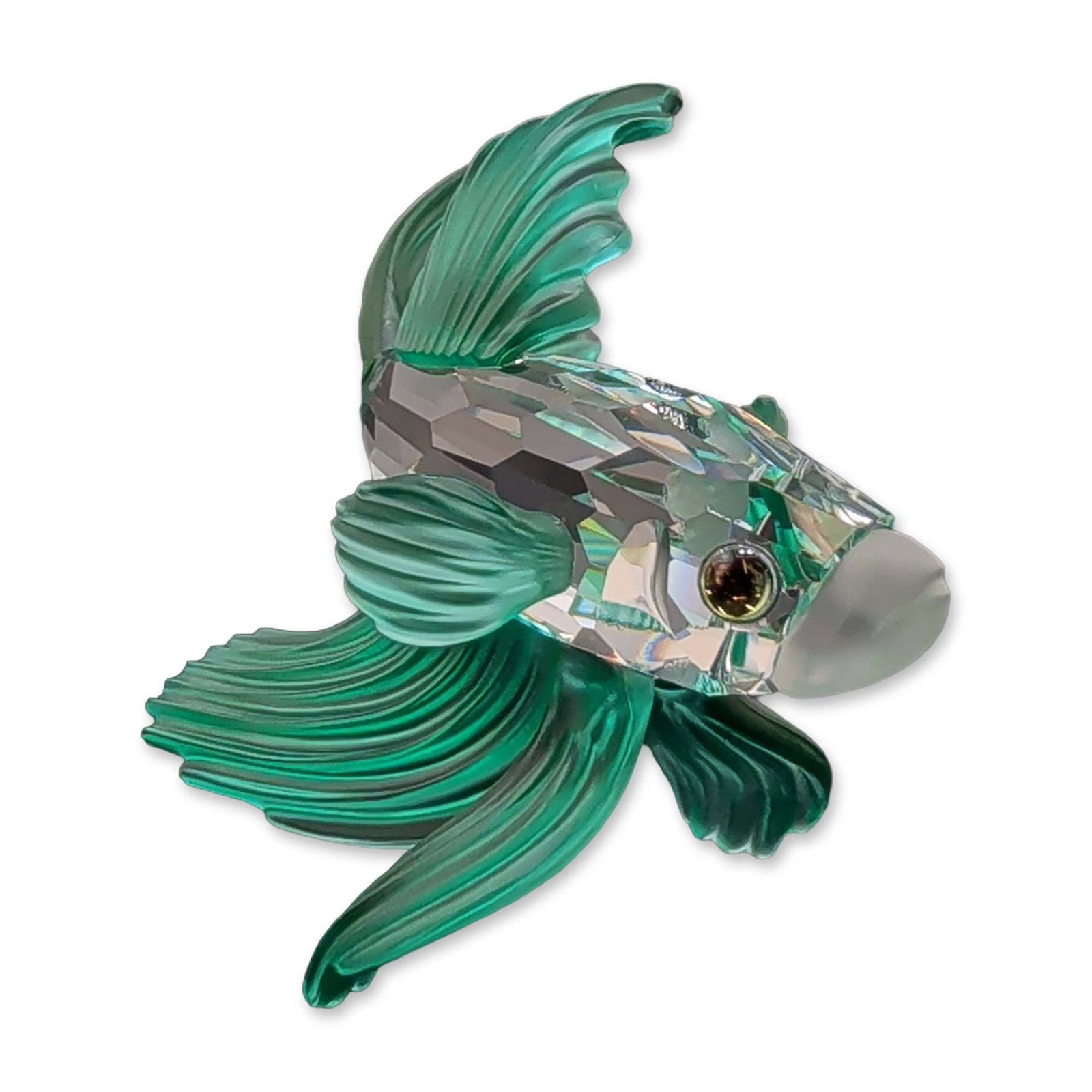 Swarovski Crystal Figurine, Green Siamese Fighting Fish: Swarovski crystal Siamese Fighting Fish figurine, also known as a Betta fish. The piece features a clear faceted lead crystal body with a frosted mouth and two melon colored crystal eyes. The prominen