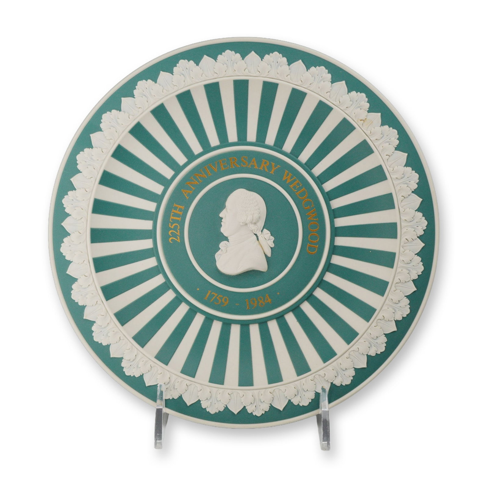 Wedgwood Teal Green Jasperware 225th Anniversary Limited Edition Plate Number 32: A commemorative fluted jasperware plate manufactured by Wedgwood in England to mark the company's 225th anniversary (1759-1984). This limited edition piece, numbered 32 of 225, is crafted in bi-color 
