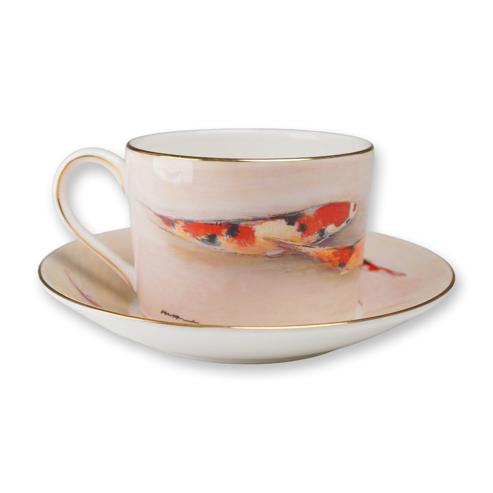 Wedgwood Bone China Limited Edition Cup and Saucer, CitiGold 100 Years in Asia: This Wedgwood bone china cup and saucer set features a painterly decoration of koi fish in orange, yellow, and black tones against a pale background. The decoration is executed in a watercolor style a