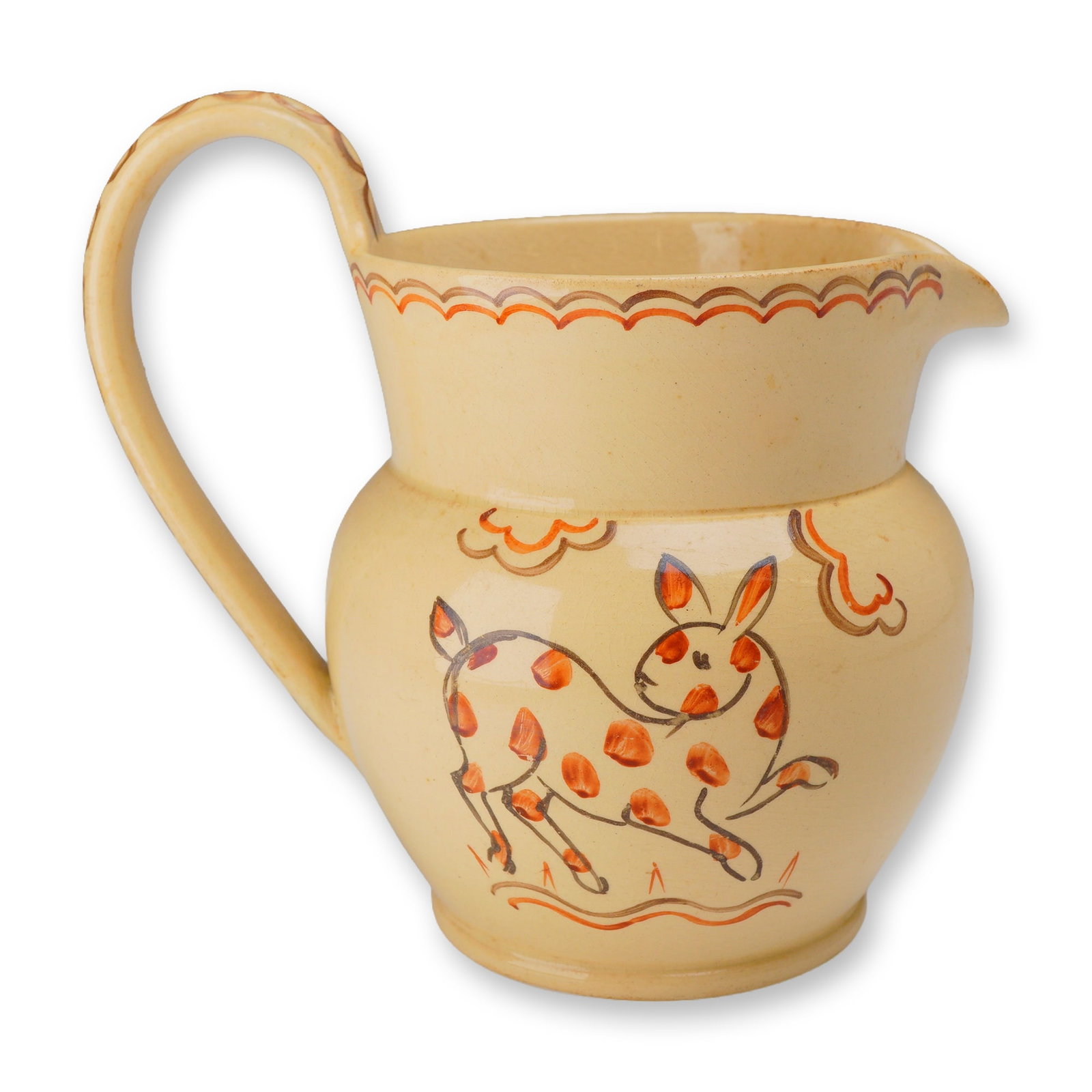 Wedgwood Hand Painted Earthenware Jug, Dated April 1932: An earthenware pitcher, identified as creamware or Queen's Ware, manufactured by Wedgwood in England. The vessel features a bulbous body with a high flared rim, a wide pinched spout, and a single