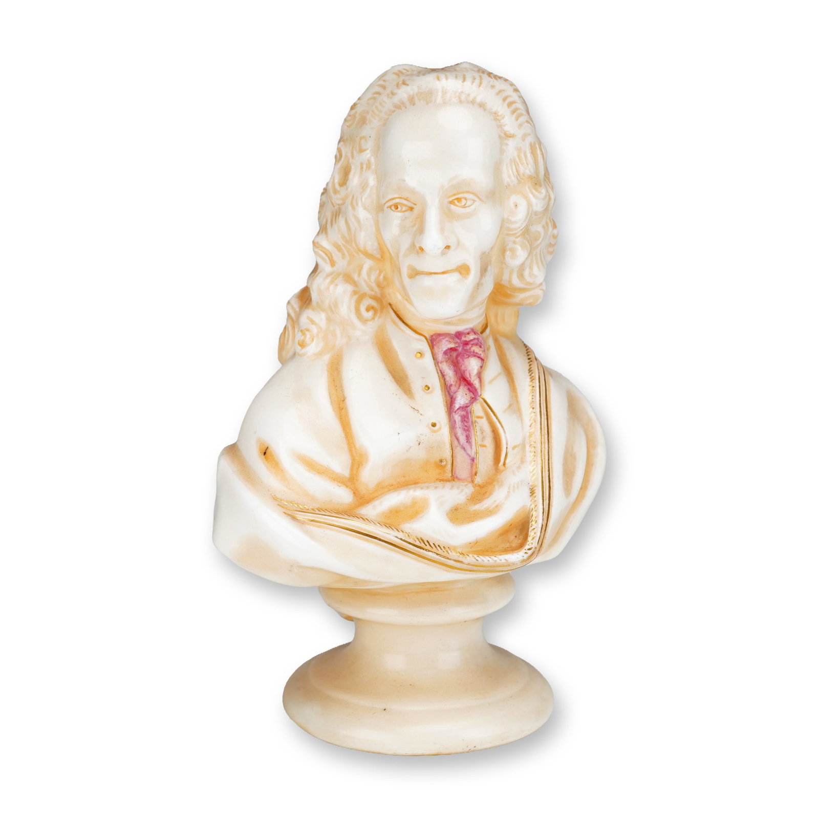 Wedgwood Small Polychrome Glazed Earthenware Portrait Bust of Voltaire: This small glazed ceramic portrait bust of the French Enlightenment philosopher Voltaire is produced by the Wedgwood factory in England. The subject is depicted with a characteristic satirical