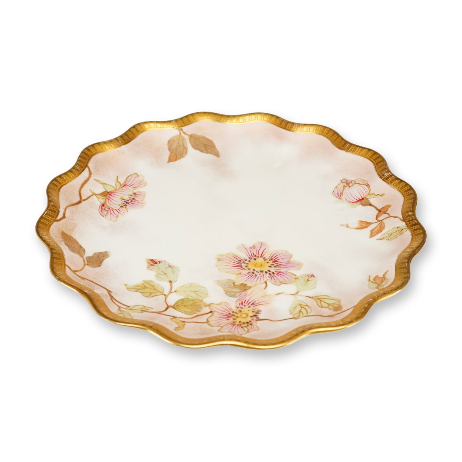 Wedgwood Hand Painted Vellum Ground Porcelain Dessert Plate with Wild Roses: The Wedgwood porcelain dessert plate features a hand-painted floral motif of wild roses in shades of pink with yellow centers. The botanical decoration includes foliage in green and autumnal brown