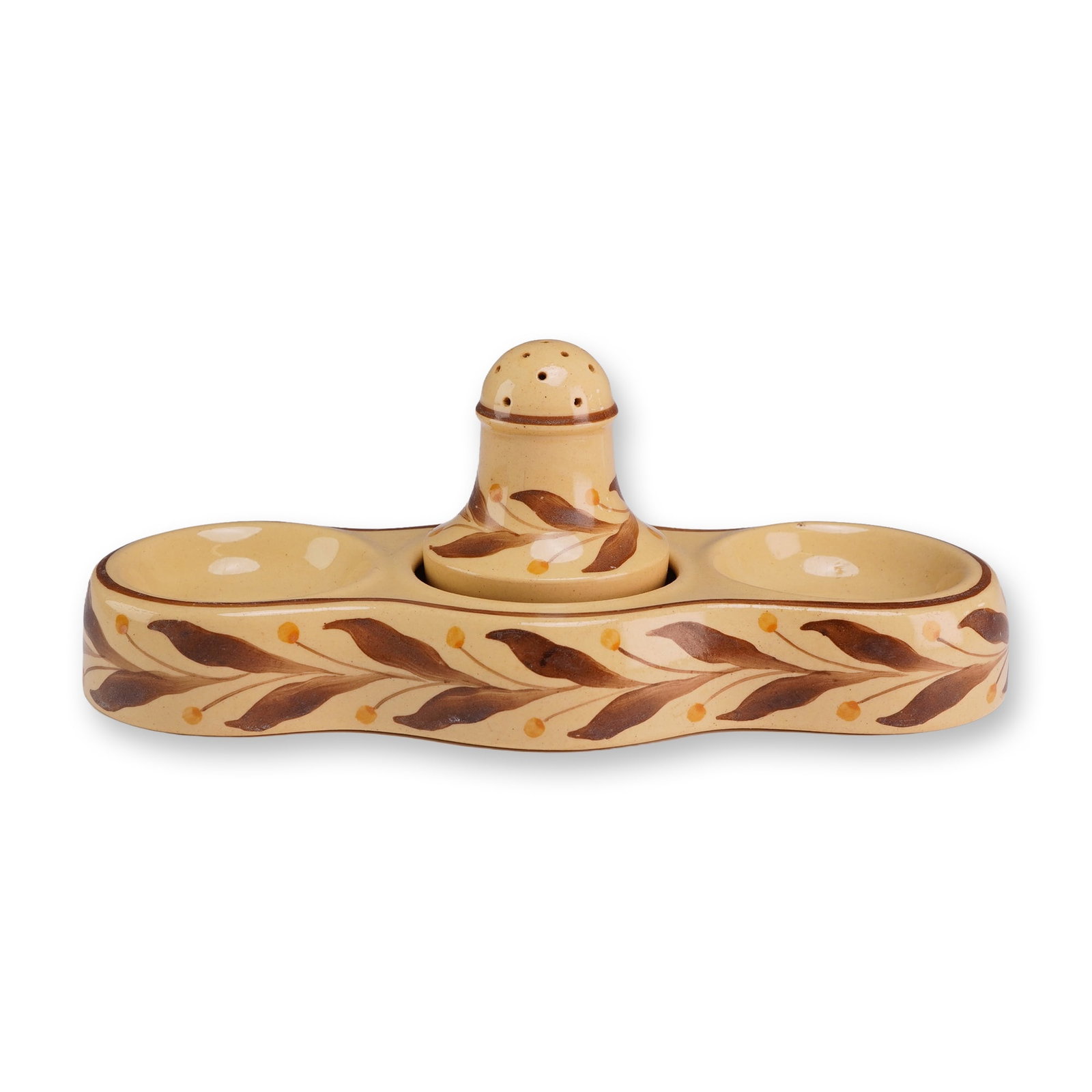 A 2-Piece Wedgwood Ceramic Shaker and Base from the Rubin Collection: A two-piece earthenware condiment set manufactured by Wedgwood, dating to approximately 1935. the set consists of an elongated tray and a single coordinating central shaker. The tray base features
