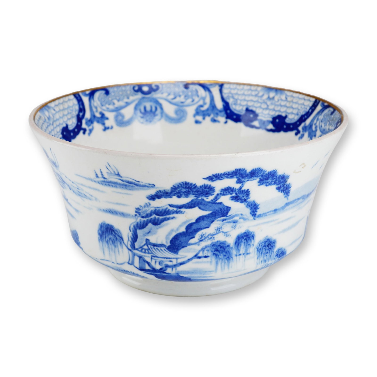Wedgwood Porcelain Blue and White Chinoiserie Waste Bowl, 19th Century: A nineteenth century porcelain bowl manufactured by Wedgwood, featuring blue underglaze transfer-printed decoration in a Chinoiserie landscape style. The exterior of the bowl depicts a detailed scene
