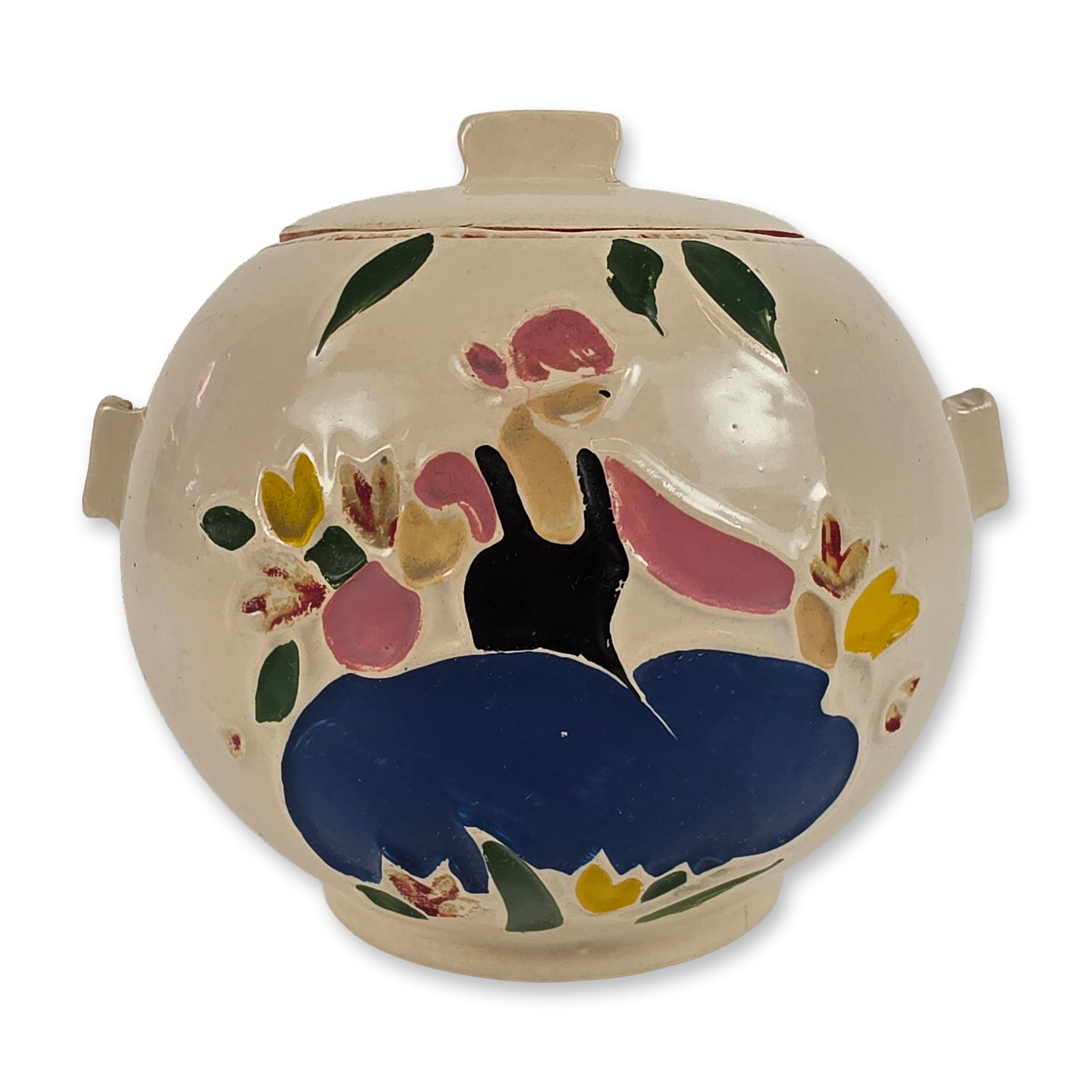 McCoy Ceramic Dutch Girl Lidded Jar: The bulbous circular body features two small integrated horizontal lug handles and a slightly domed lid with a rectangular finial. The piece is decorated with expressive, hand-painted abstract floral 