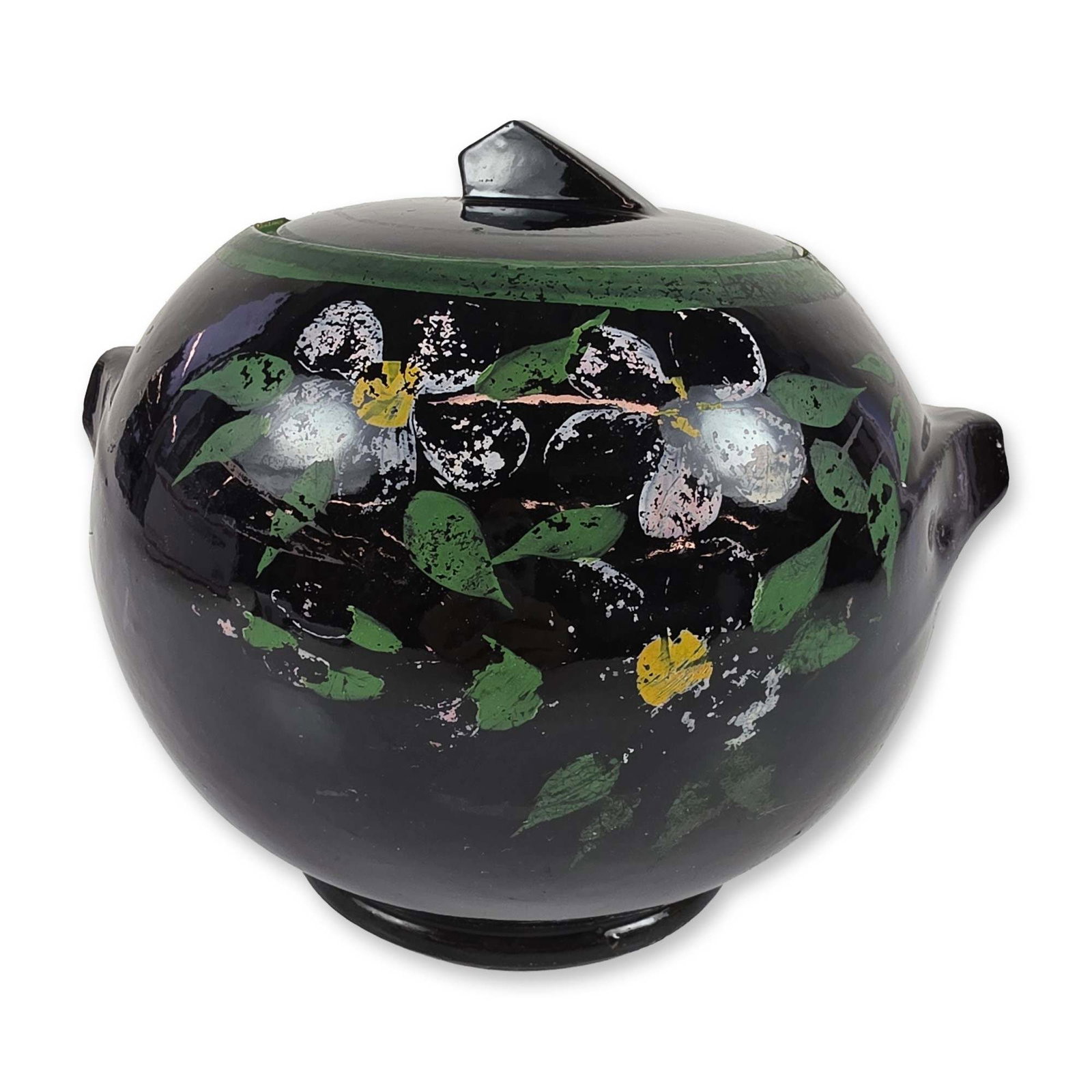 Vintage Hand-Painted Black Floral Pottery Cookie Jar: Lidded vessel in black-glazed earthenware, featuring hand-painted floral motifs with white blossoms, yellow centers, and green foliage. The globular body includes an integrated spout-like protrusion a