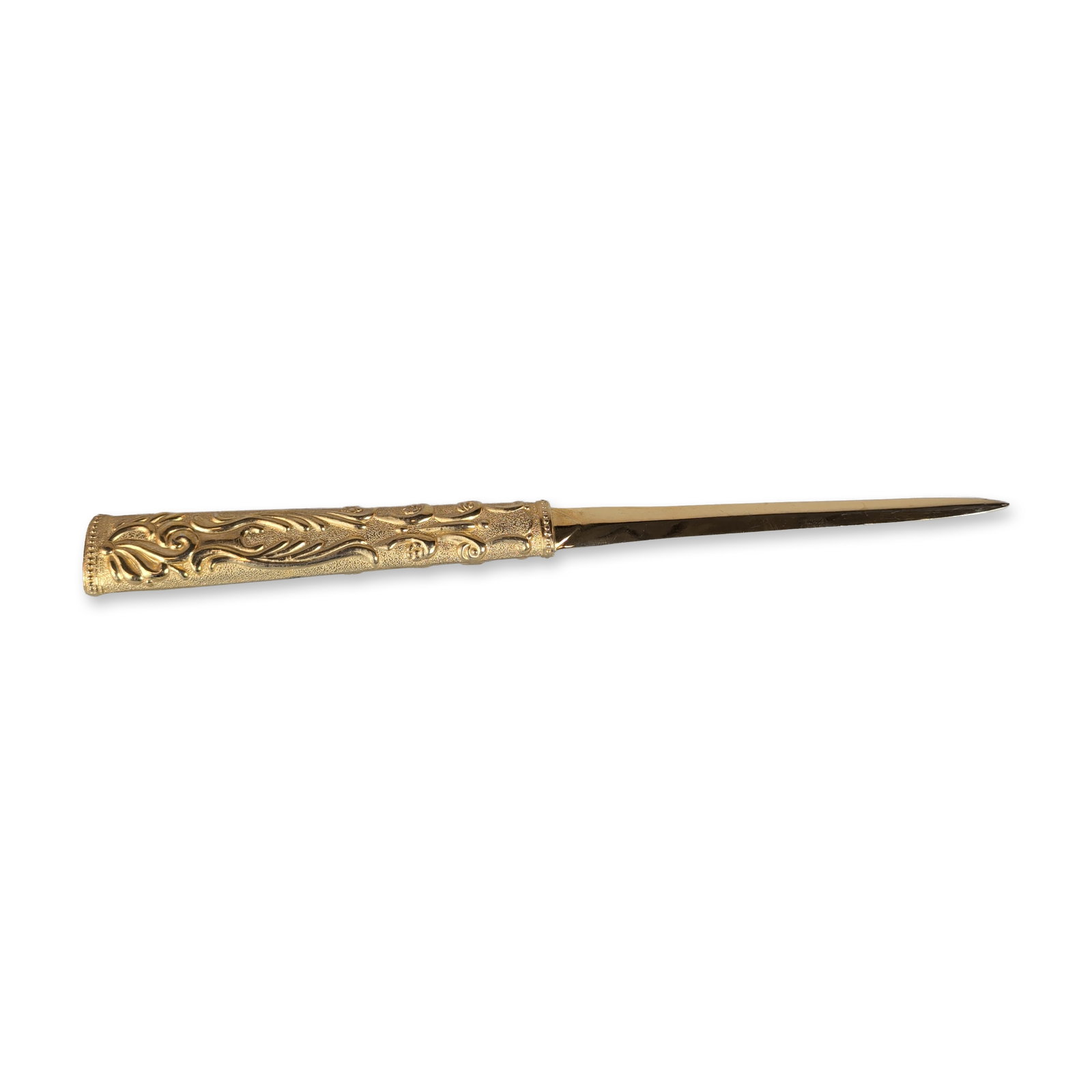 Godinger Ornate Gold Toned Metal Letter Opener: Godinger Silver Art Co., letter opener in gold-toned metal featuring a decorative Rococo-revival style handle with raised scrollwork, foliate motifs, and floral accents set against a finely stippled g