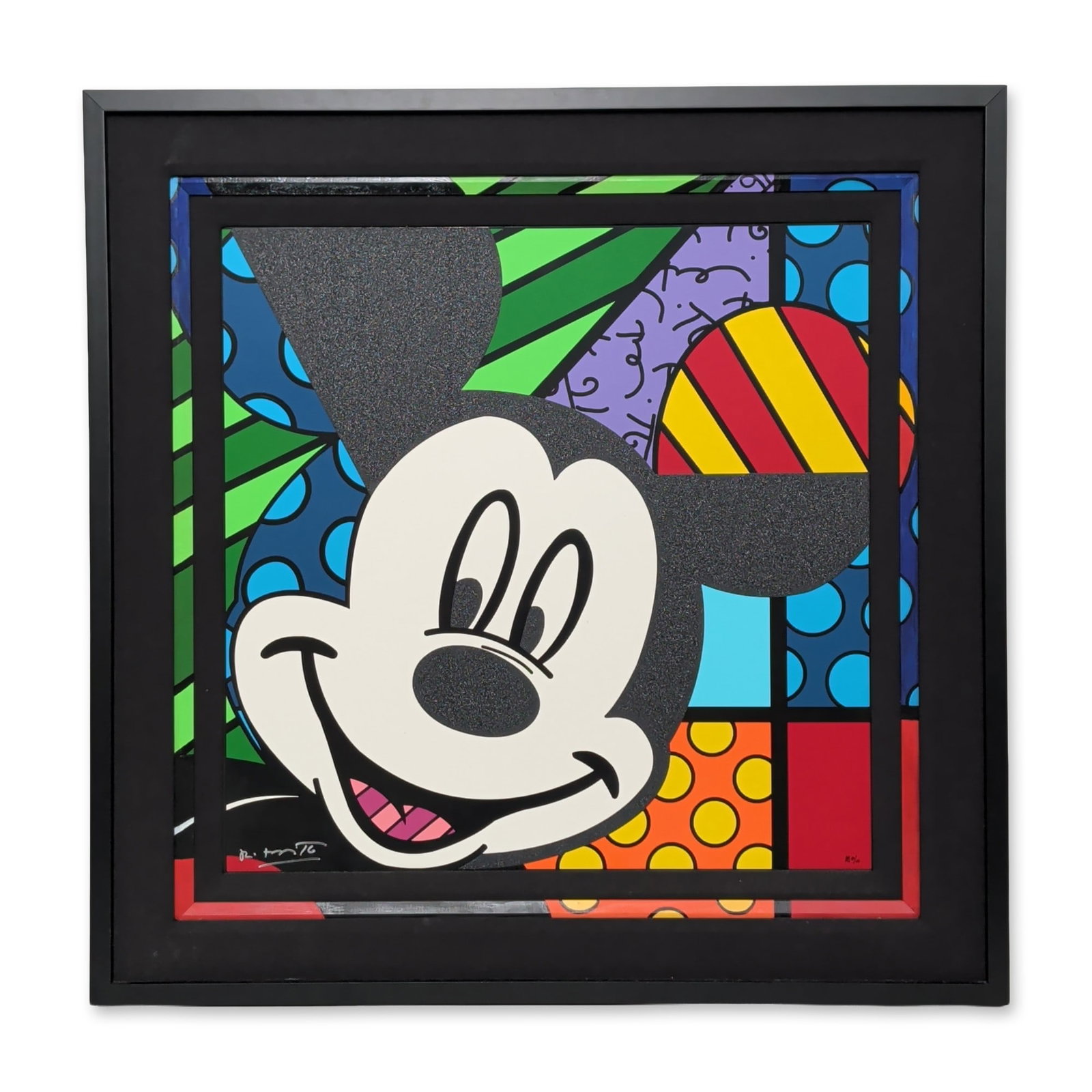 Romero Britto (Brazilian, b. 1963), Serigraph on Gesso, Hey You! Signed & Numbered w/ COA: Romero Britto (Brazilian, b. 1963) serigraph on gesso titled Hey You! featuring a Pop Art rendition of Disney's Mickey Mouse. The composition utilizes bold black outlines, vibrant color fields, and si
