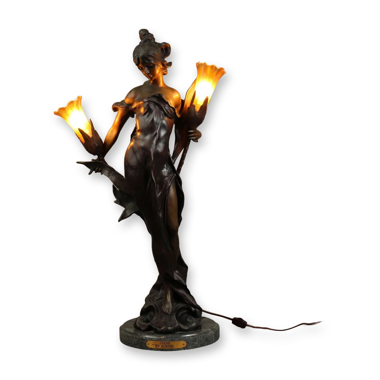 After Pierre Roche, Art Nouveau Diane Lamp: Art Nouveau style double-light figural table lamp titled Diane, after the model by Pierre Roche (French, 1855-1922). The sculpture depicts a standing female figure in flowing diaphanous drapery holdin
