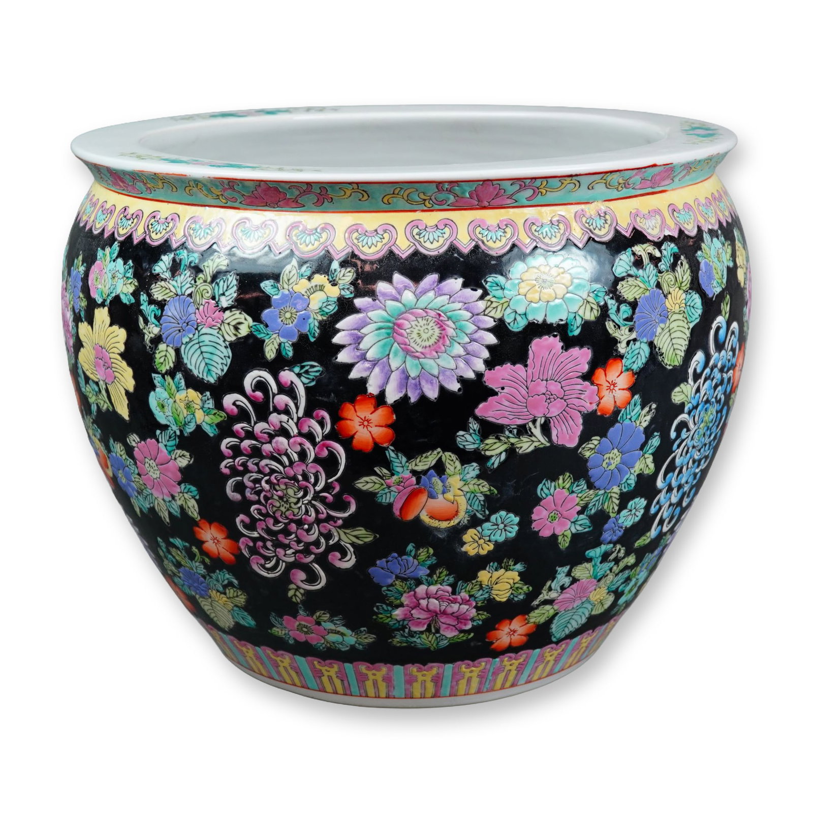 Large Chinese Famille Noire Mille Fleurs Porcelain Fish Basin (1 of 4)