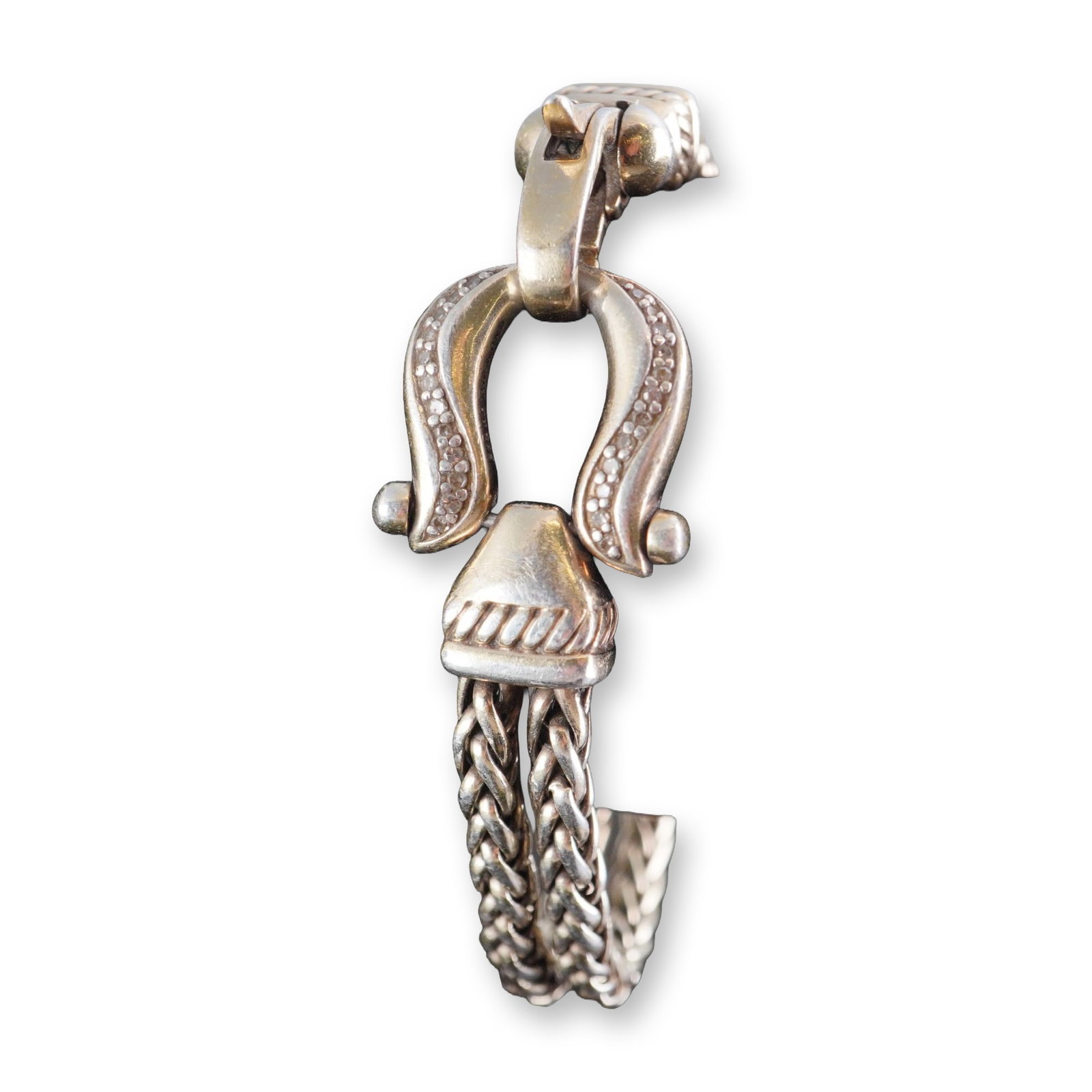 Sterling Silver Gold Plated Diamond Horseshoe Bracelet: Horseshoe clasp bracelet in gold-plated sterling silver, featuring two parallel braided wheat-link chains. The hinged buckle-motif clasp is pave-set with small round brilliant-cut diamonds to one side