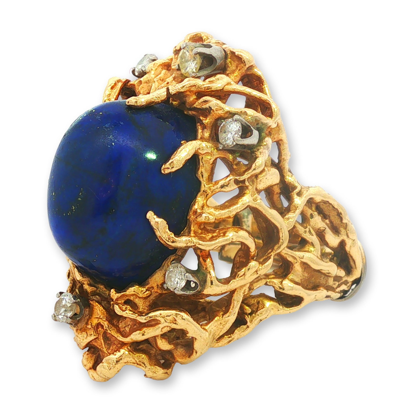 14K Yellow Gold Brutalist Lapis Lazuli Diamond Ring: Mid-century modern Brutalist style cocktail ring in 14k yellow gold, featuring a large oval cabochon lapis lazuli and six round-cut diamonds. The heavy, openwork cast setting displays a molten organic