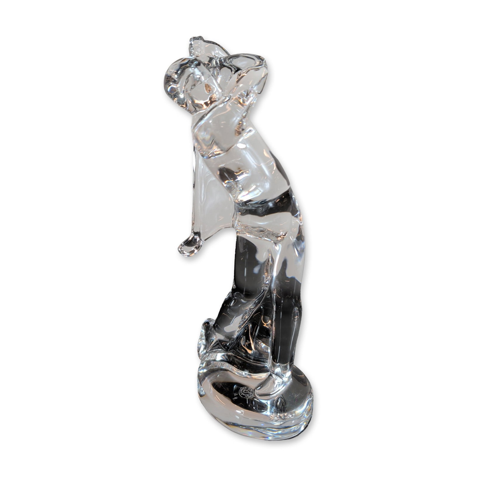 Baccarat France Clear Crystal Golfer Figurine: Baccarat France clear lead crystal figurine that depicts a golfer in an arched pose with arms raised behind the head. Underside features the etched circular factory mark inscribed Baccarat France, alo