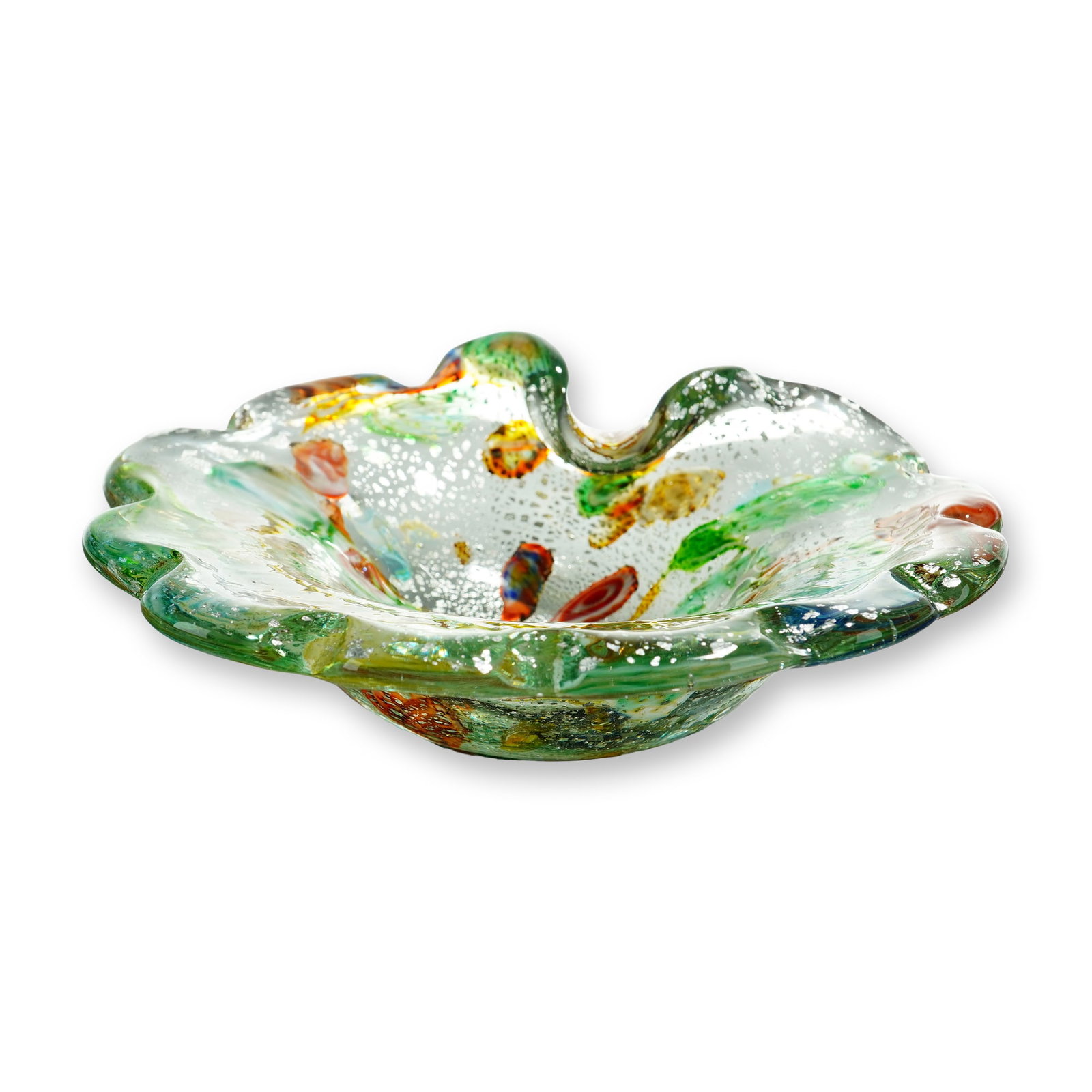 Mid-Century Murano Style Tutti Frutti Art Glass Bowl: Mid-century Murano style hand-blown art glass bowl in the Tutti Frutti manner. The shallow circular form features an undulating ruffled rim. Crafted from clear glass, the piece is decorated with multi