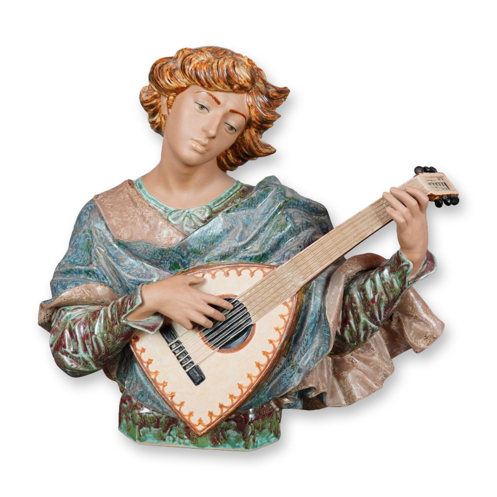 Lladro Spanish Porcelain Troubadour 4943 Gres Finish Sculpture: Lladro (Spain). Bust-length porcelain sculpture titled Troubadour, model number 4943, featuring a youth playing a lute. The figure is finished with a combination of matte bisque porcelain for the skin