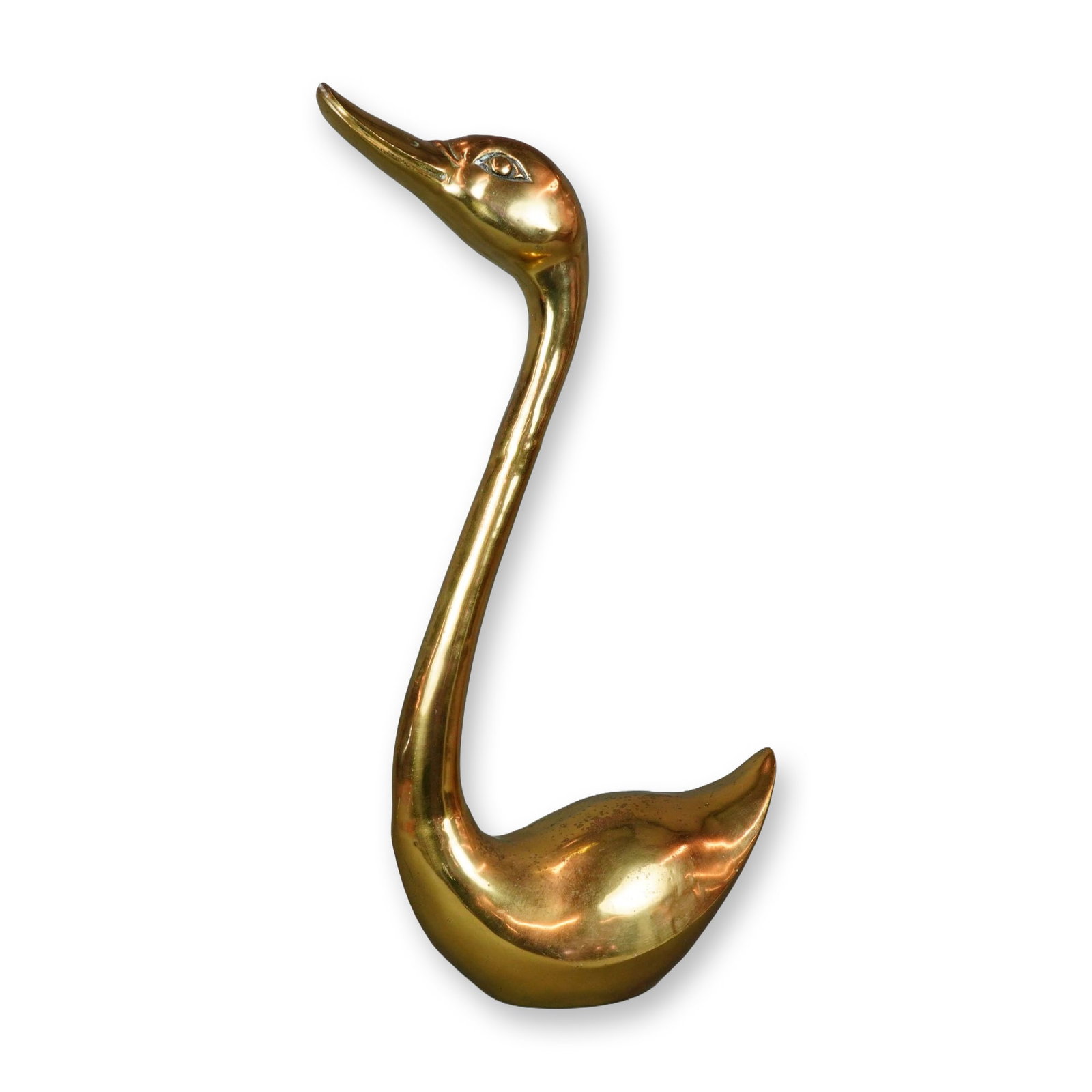 Large Mid-Century Modern Brass Swan Sculpture: Large Mid-Century Modern style floor sculpture depicting a swan in polished brass. The piece features a stylized form with an exceptionally long, slender arched neck and a minimalist body with simple 