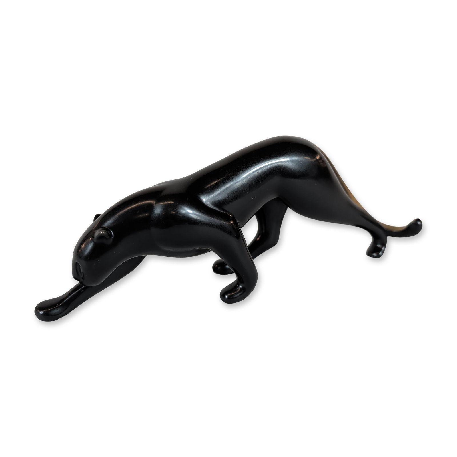 Loet Vanderveen Patinated Bronze Jaguar Sculpture: Loet Vanderveen (Dutch American, 1921-2015). Jaguar sculpture in patinated bronze with polished highlights, featuring a stylized feline in a dynamic climbing pose. The figure is finished in a black pa
