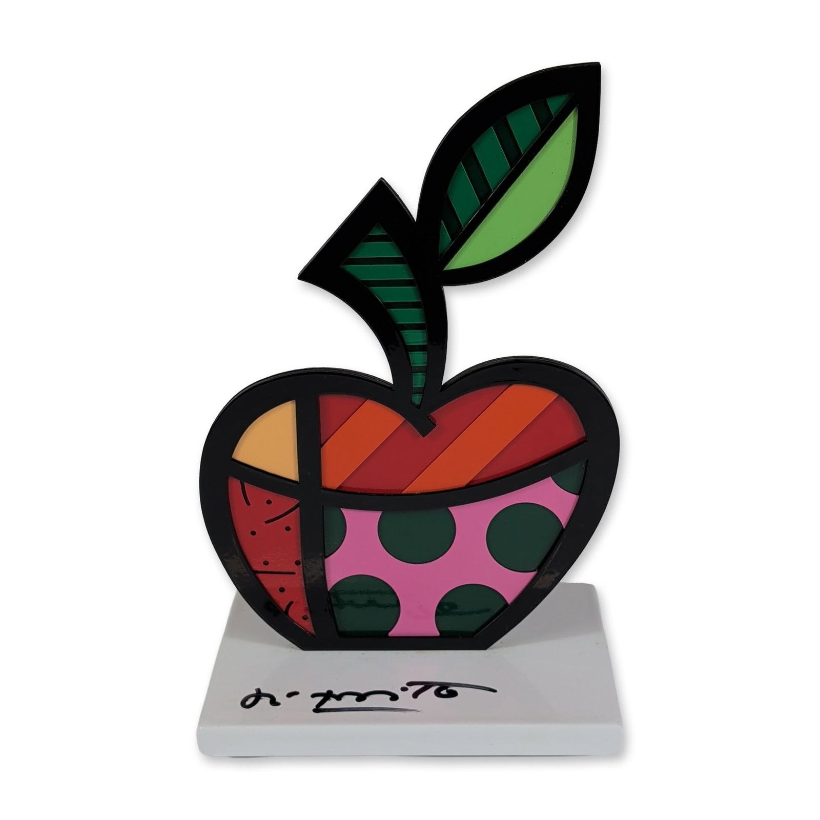 Romero Britto (Brazilian, b. 1963) Apple Sculpture, Signed: Romero Britto (Brazilian, b. 1963). Big Apple sculpture in enameled metal and mixed media, featuring the artist signature Pop Art style with vibrant patterns of polka dots, stripes, and doodles define