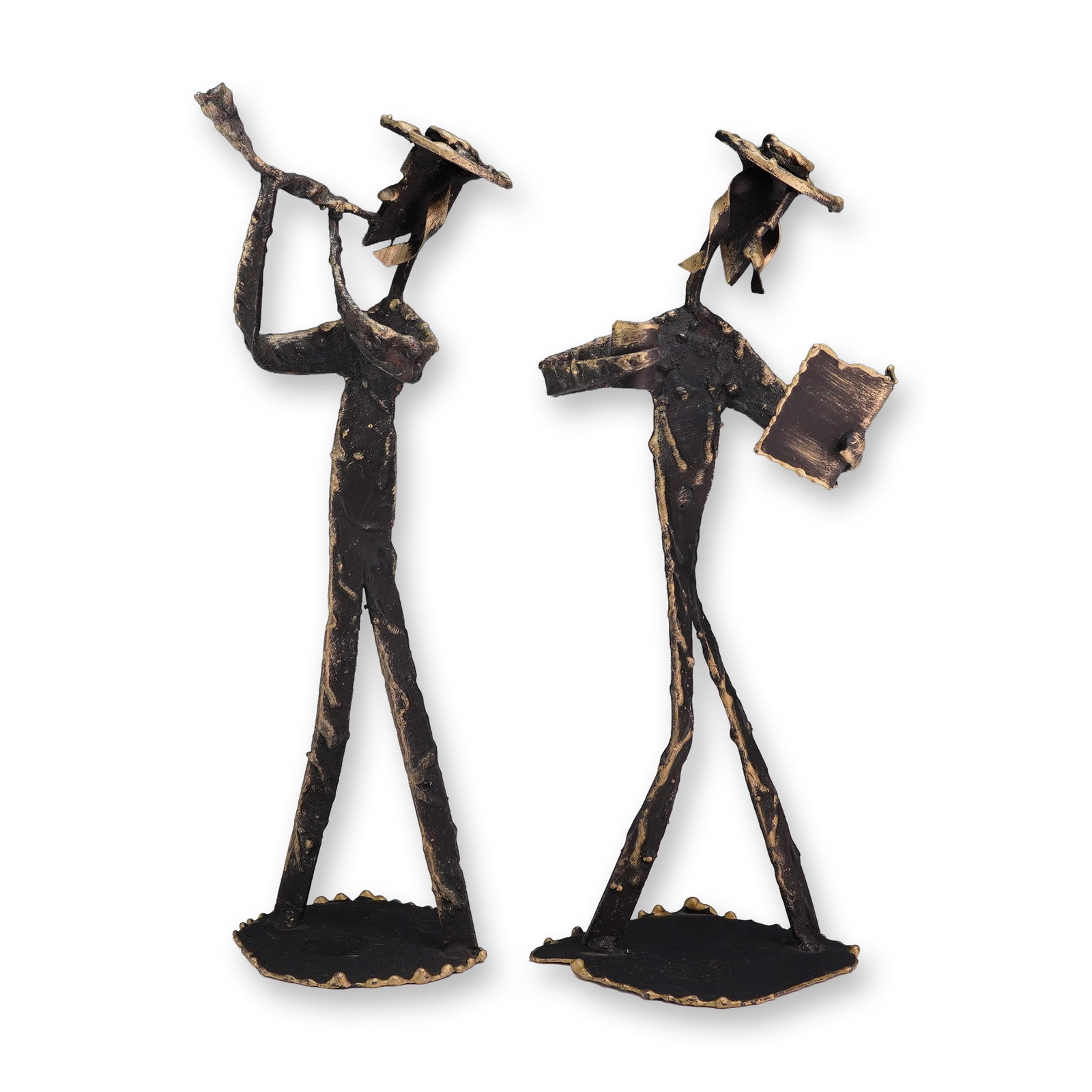Pair of Signed Judaica Brutalist Metal Sculptures: Pair of Mid-Century Modern style brutalist figural sculptures crafted from welded and textured dark metal with gilded highlights throughout. The highly stylized, elongated figures depict two Hasidic J