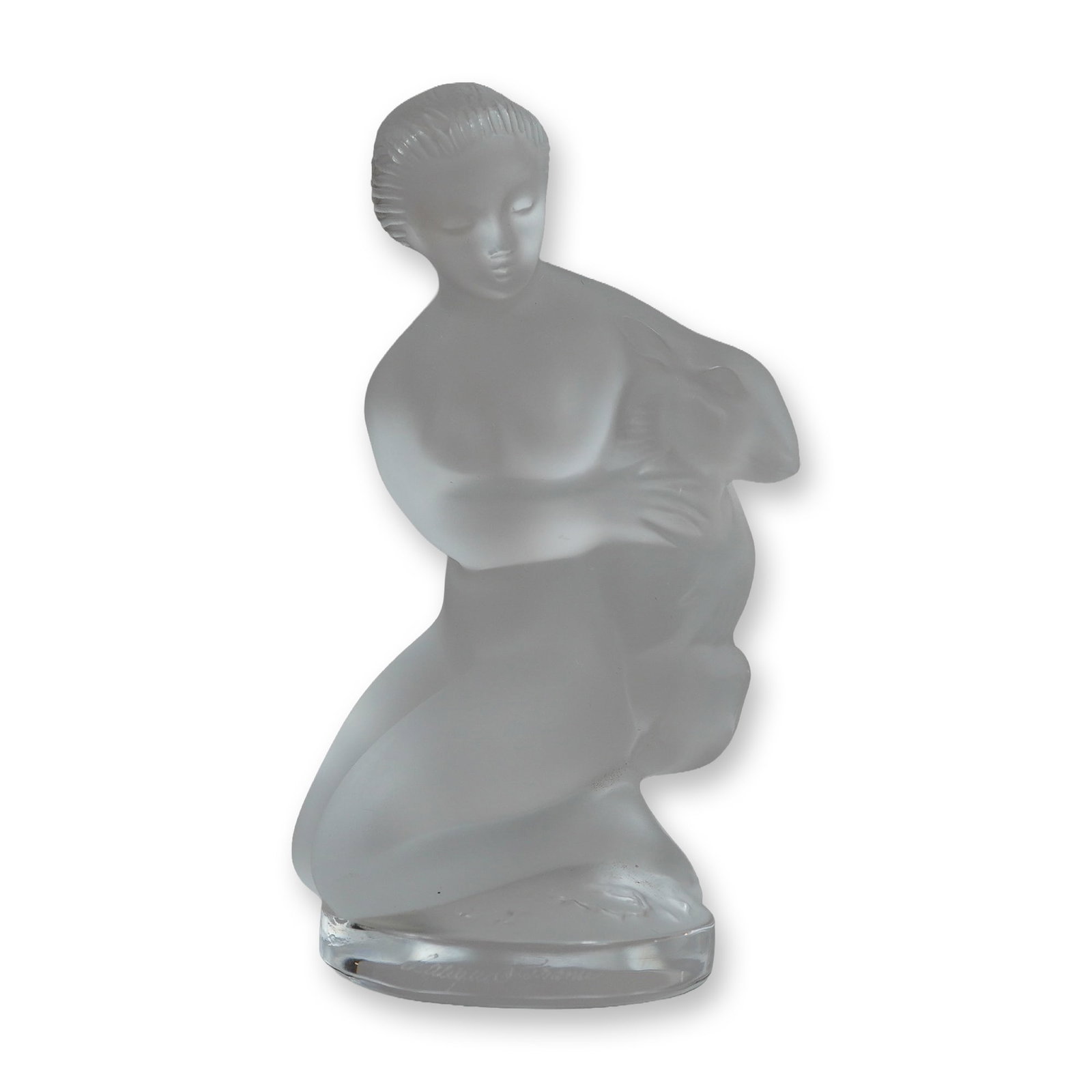 Lalique Frosted Glass Woman with Fawn Figurine: Lalique frosted glass figurine titled Diane, depicting a kneeling nude woman with a fawn. The art glass figure features a molded satin finish to the body, set on a polished, clear circular base. Signe