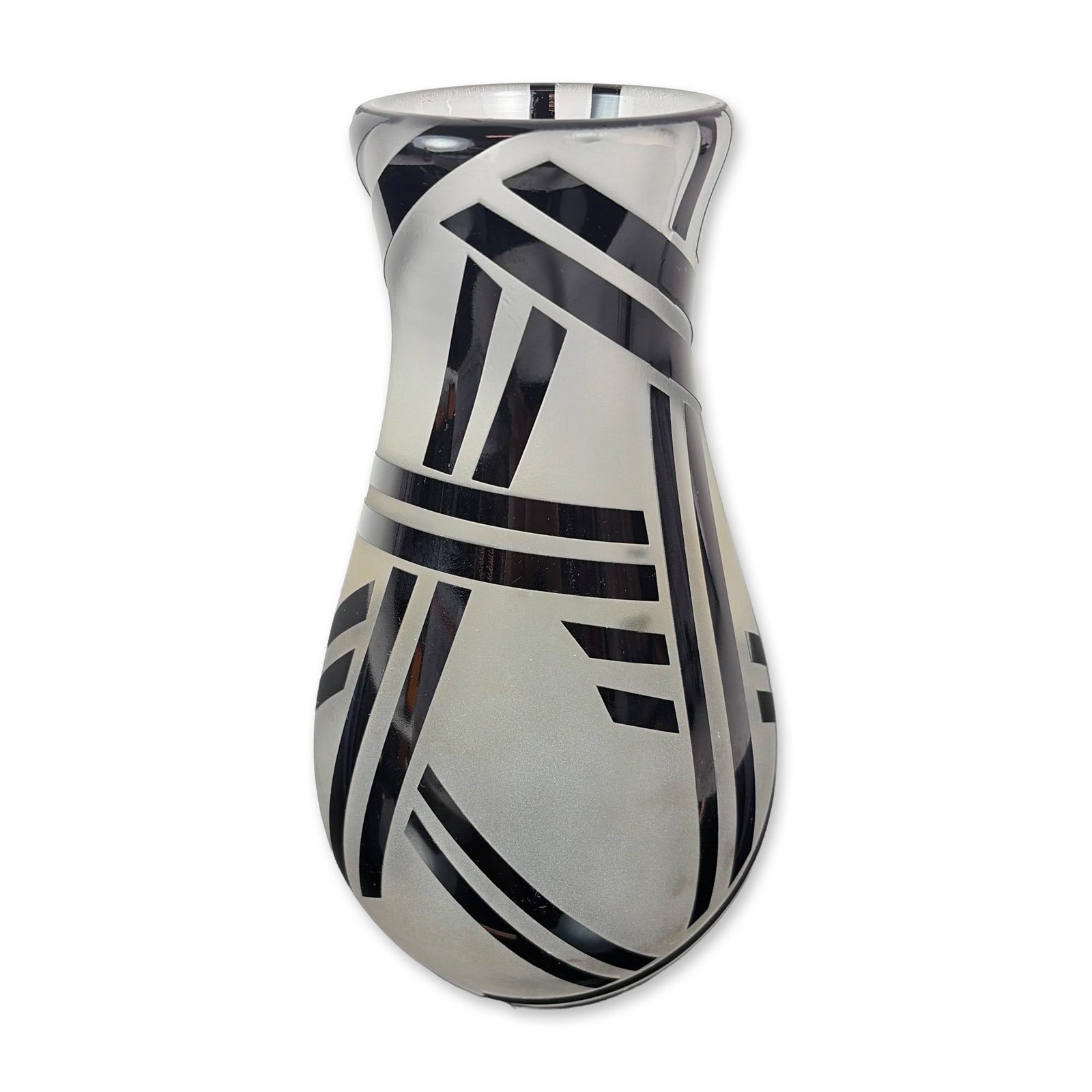 Correia Artist Proof Art Glass Vase: The vessel is constructed of frosted clear glass with an integrated opaque black geometric overlay featuring abstract linear motifs. The form includes a tapered, bulbous body with a slightly flared ri