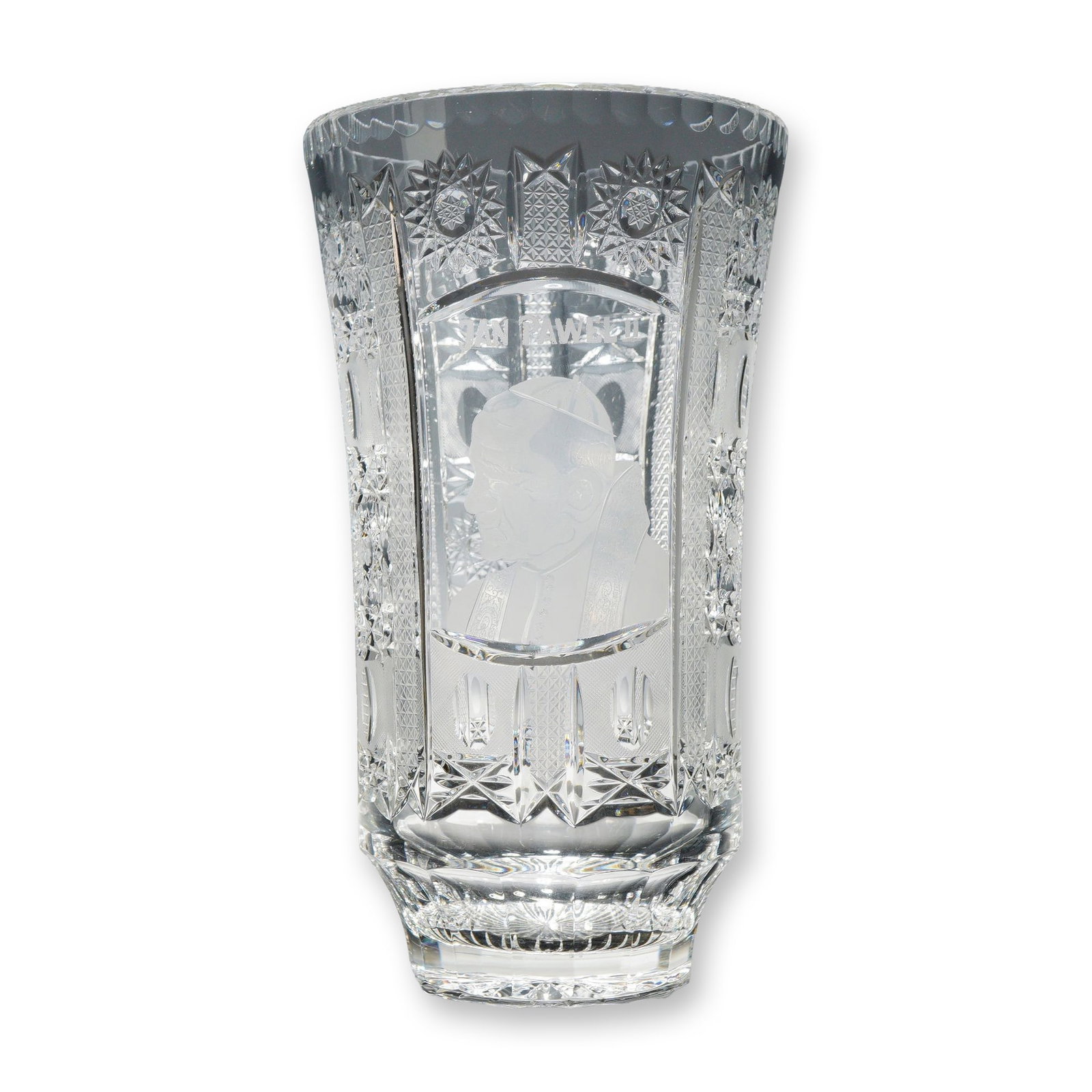Bohemian Lead Crystal Pope John Paul II Commemorative Vase: A large lead crystal vase featuring a tapered vessel features a central wheel-engraved profile portrait of Pope John Paul II in frosted relief, accompanied by the inscription Jan Pawel II. The exterio
