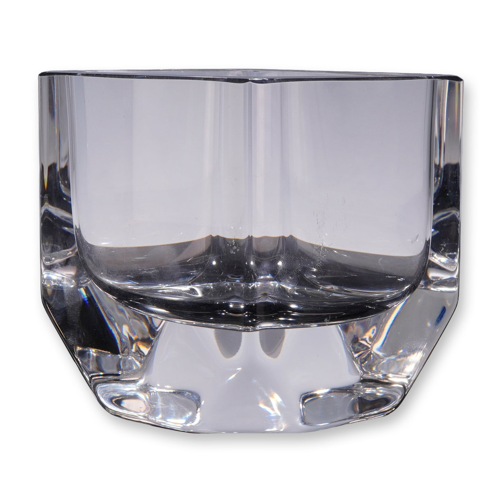 Kosta Boda Diamond Design Crystal Vase: Kosta Boda, Diamond design. Crystal vase in heavy-walled lead crystal, featuring broad polished facets and a thick, weighted base. The modernist form is characterized by flat-lapidary polishing and a 