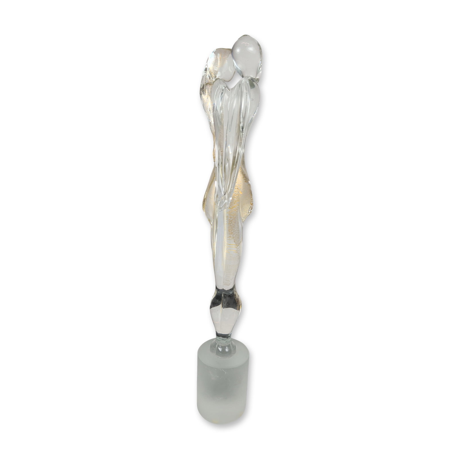 Murano Style Art Glass Lovers Sculpture: Murano style art glass sculpture depicting two stylized, elongated human figures in a close embrace. Hand-formed from heavy clear glass, the work features internal gold foil inclusions throughout the 