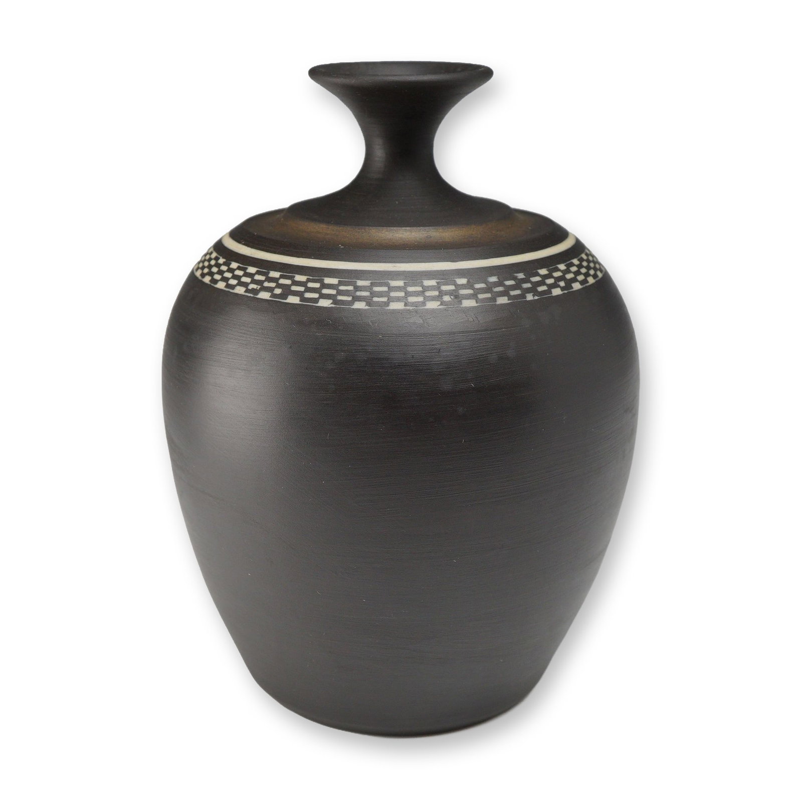 Wedgwood Black Basalt Vase with White Checkerboard Decoration: A mid-century Wedgwood black basalt stoneware vase featuring a bulbous body and a narrow neck ending in a flared rim. The shoulder is decorated with an engine-turned checkerboard or diced pattern in w
