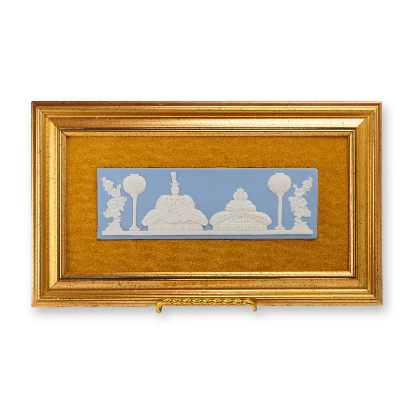 Wedgwood Blue Jasperware Hina Matsuri Plaque, Framed: This is a rectangular Wedgwood blue jasperware plaque featuring sprigged white bas-relief decoration in a Japanese Hinamatsuri theme. The central design depicts two seated figures in traditional court