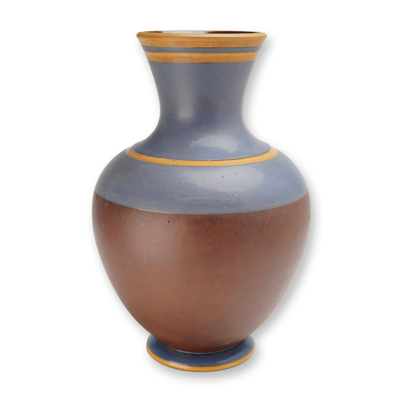 19th Century Wedgwood Tri-Color Jasperware Vase: This 19th century Wedgwood tri-color dry-bodied jasperware vase features a baluster form with a flared rim and a circular pedestal foot. The vessel is decorated in a matte-finish banded aesthetic usin