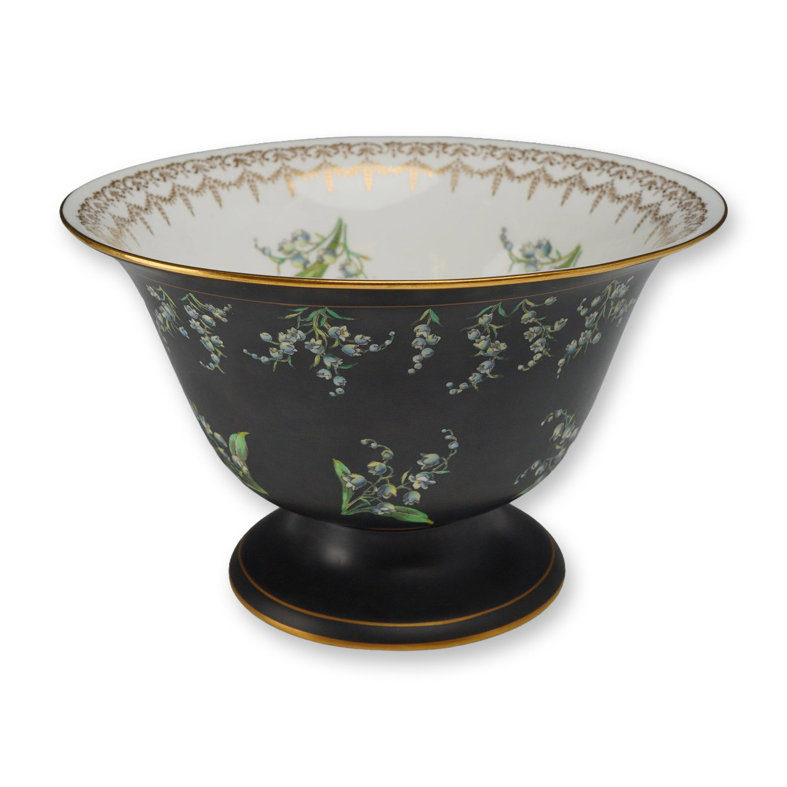 Wedgwood Bone China Footed Centerpiece Bowl, Lily of the Valley Pattern: A Wedgwood fine bone china footed centerpiece bowl featuring a flared silhouette and a tapered circular pedestal foot. The exterior surface is finished in a matte black basalt-style ground decorated w