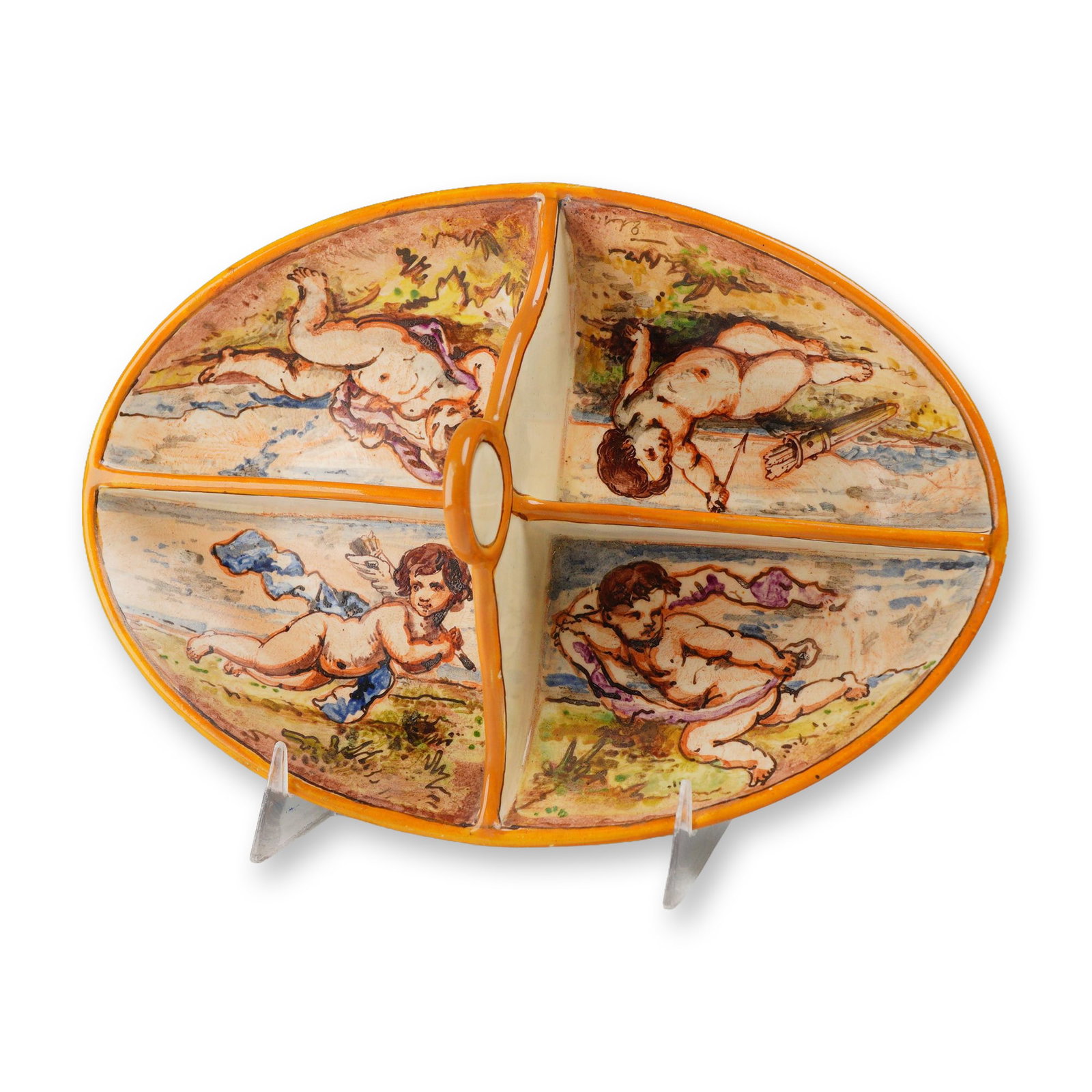 Wedgwood Four-Section Divided Creamware Dish with Hand-Painted Cherub Designs: This Wedgwood creamware divided dish features four distinct compartments and a central upright loop handle. The earthenware body is decorated with hand-painted overglaze polychrome scenes in each sect