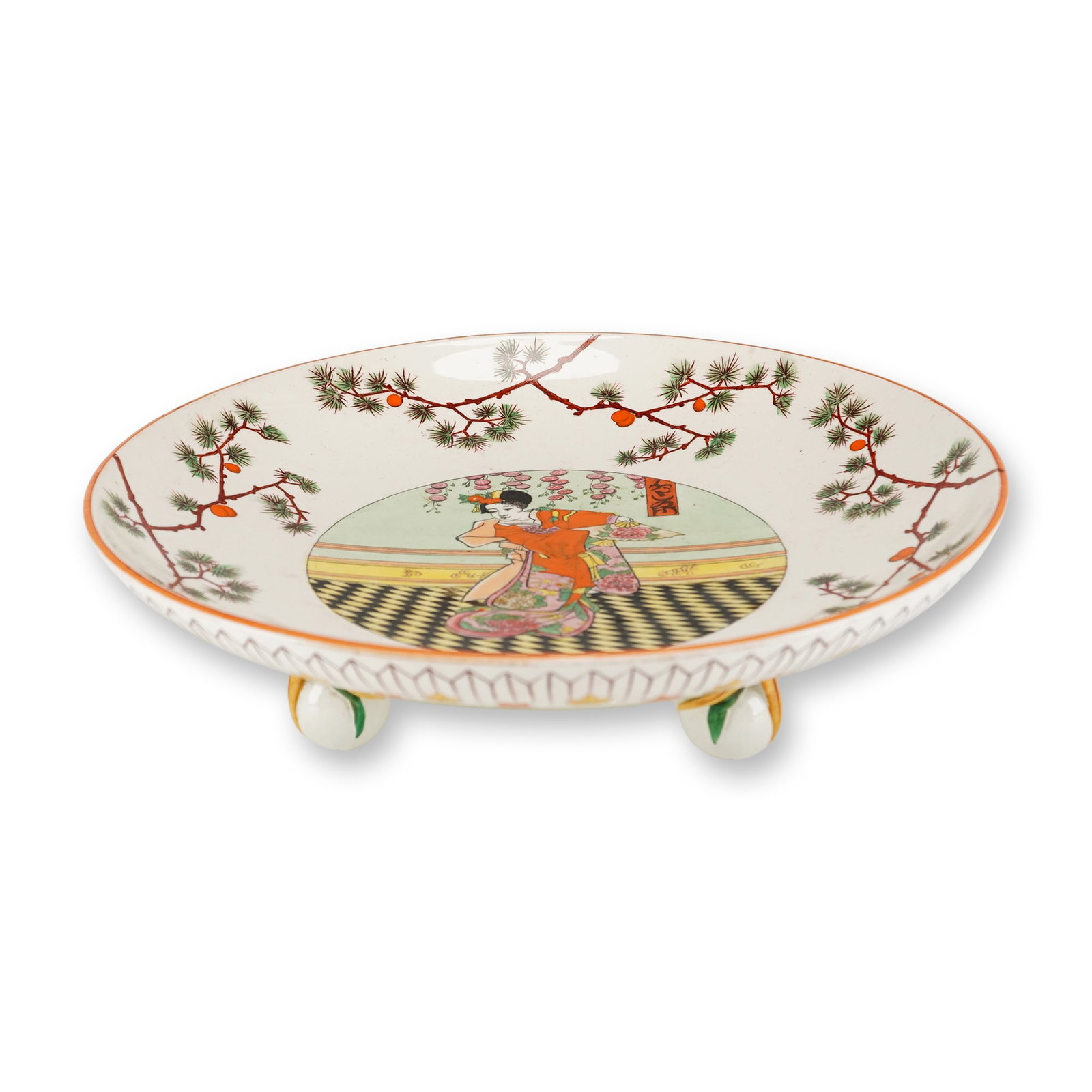 Wedgwood Japonisme Polychrome Enameled Creamware Footed Compote: This late 19th-century footed bowl is a product of the Wedgwood pottery firm, executed in the Japonisme style. The object is constructed of glazed creamware earthenware. The form consists of a shallow
